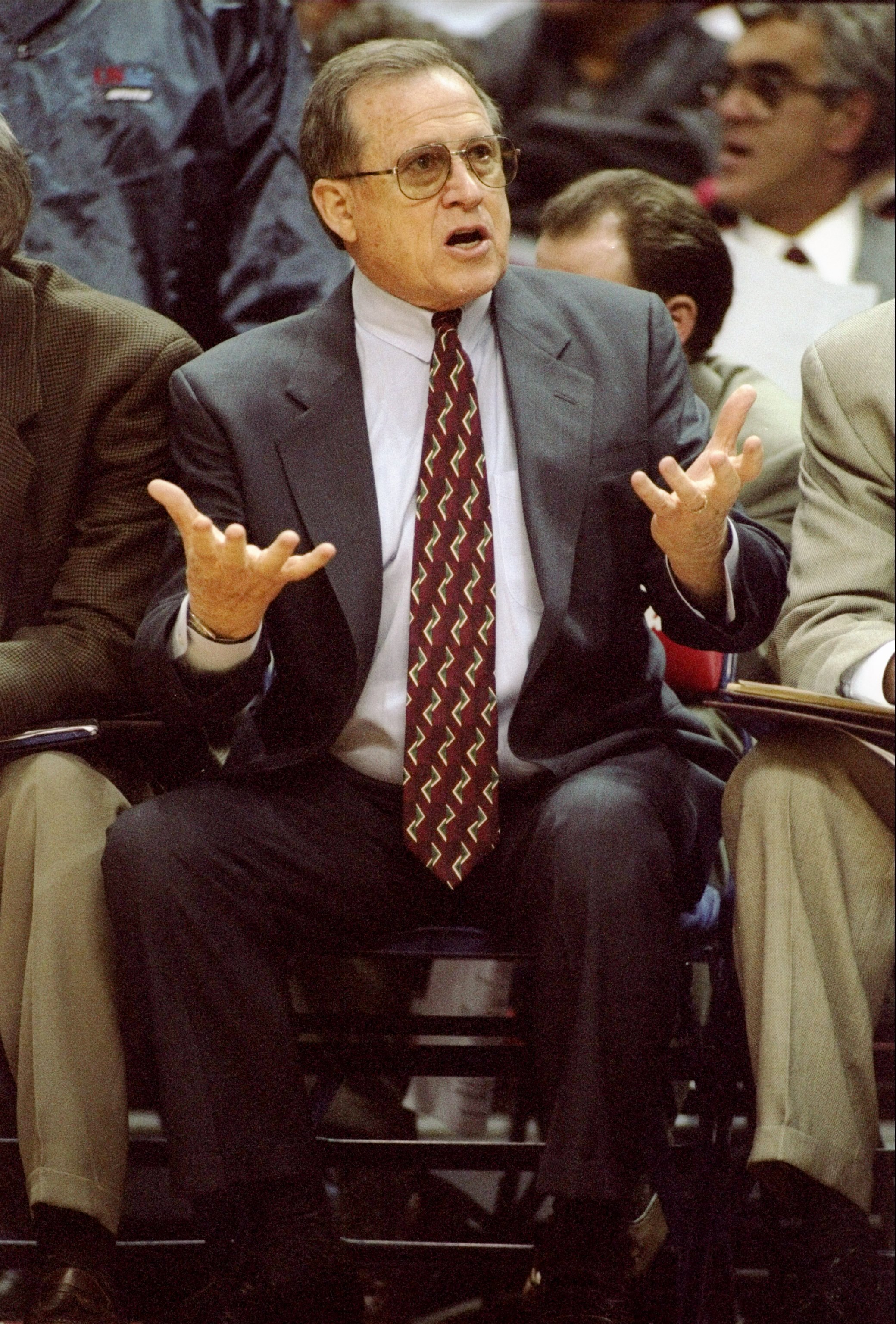 13 Dec 1996:  Denver Nuggets assistant coach Dick Motta looks on during a game against the Washington Bullets at the USAir Arena in Landover, Maryland.  The Bullets won the game, 108-104.   Mandatory Credit: Doug Pensinger/Allsport  Mandatory Credit: Doug