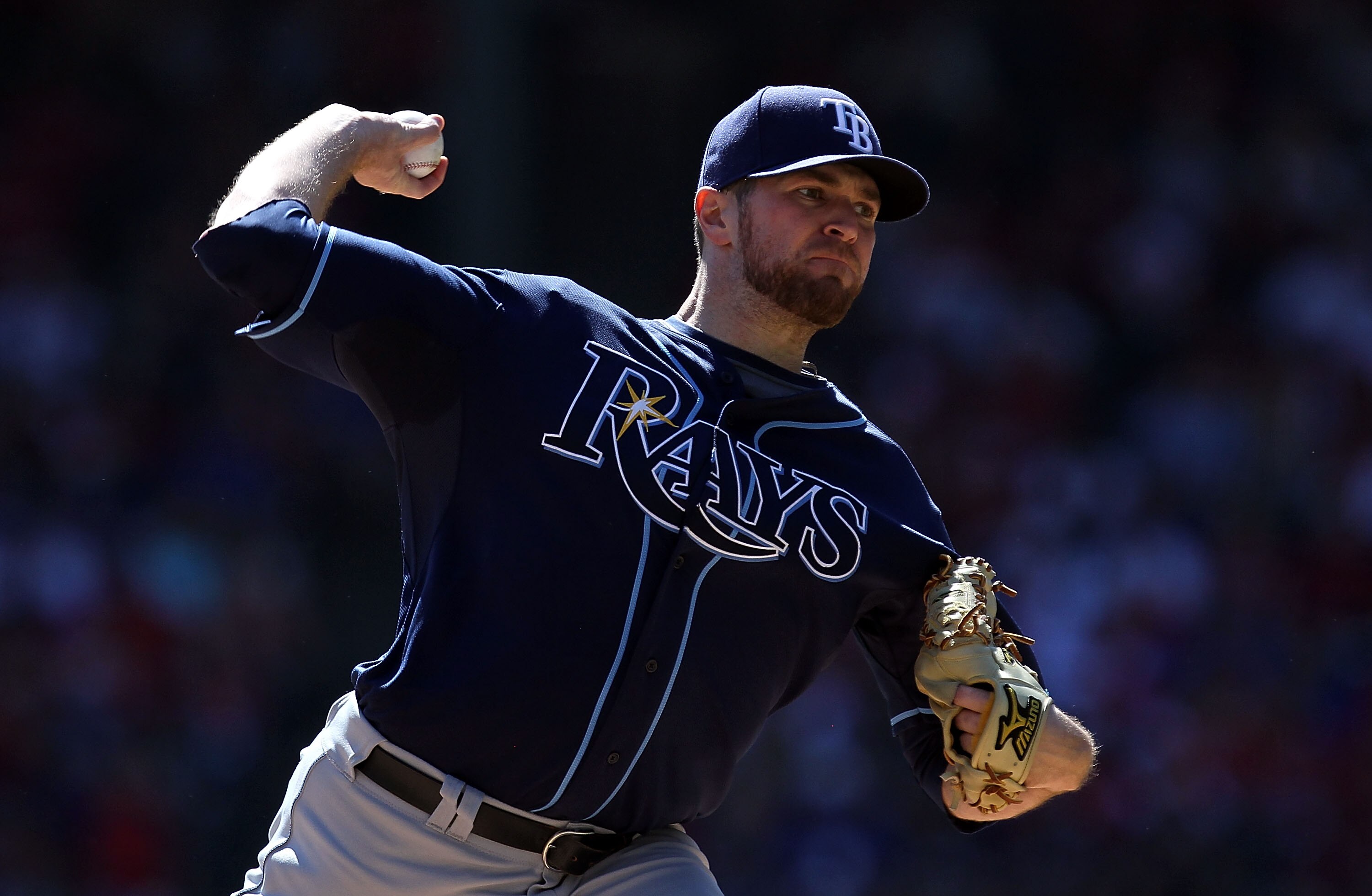 ARLINGTON, TX - OCTOBER 10:  Pitcher Wade Davis #40 of the Tampa Bay Rays throws against the Texas Rangers in the first inning during game 4 of the ALDS at Rangers Ballpark in Arlington on October 10, 2010 in Arlington, Texas.  (Photo by Ronald Martinez/G