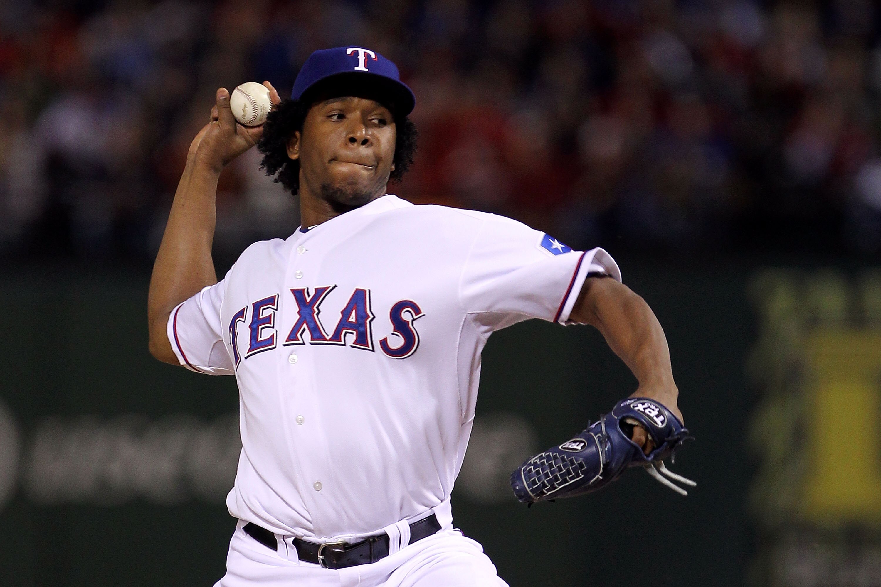 ARLINGTON, TX - NOVEMBER 01:  Neftali Feliz #30 of the Texas Rangers pitches against the San Francisco Giants in Game Five of the 2010 MLB World Series at Rangers Ballpark in Arlington on November 1, 2010 in Arlington, Texas.  (Photo by Doug Pensinger/Get