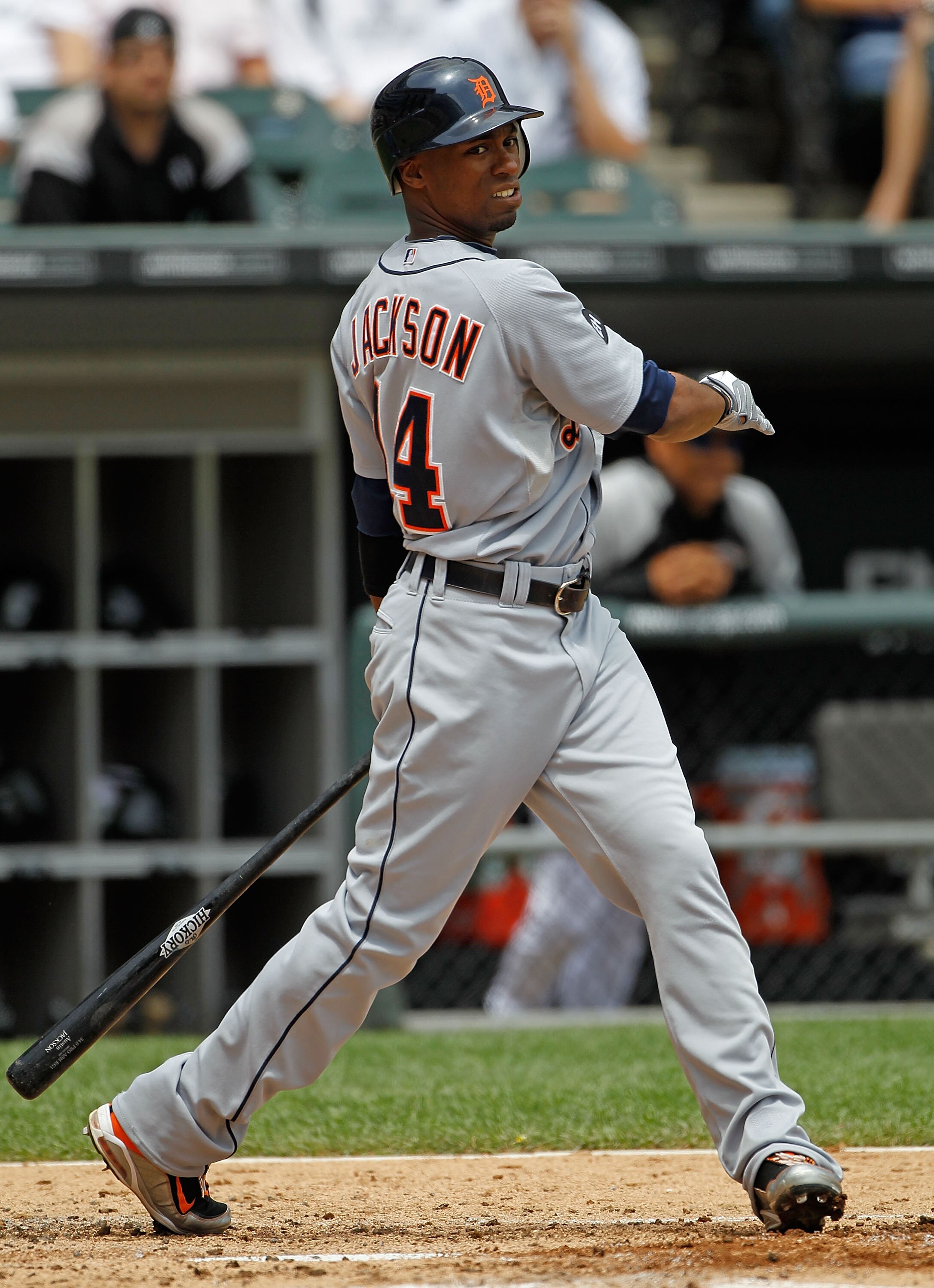 CHICAGO - JUNE 10: Austin Jackson #14 of the Detriot Tigers takes a swing against the Chicago White Sox at U.S. Cellular Field on June 10, 2010 in Chicago, Illinois. The White Sox defeated the Tigers 3-0. (Photo by Jonathan Daniel/Getty Images)