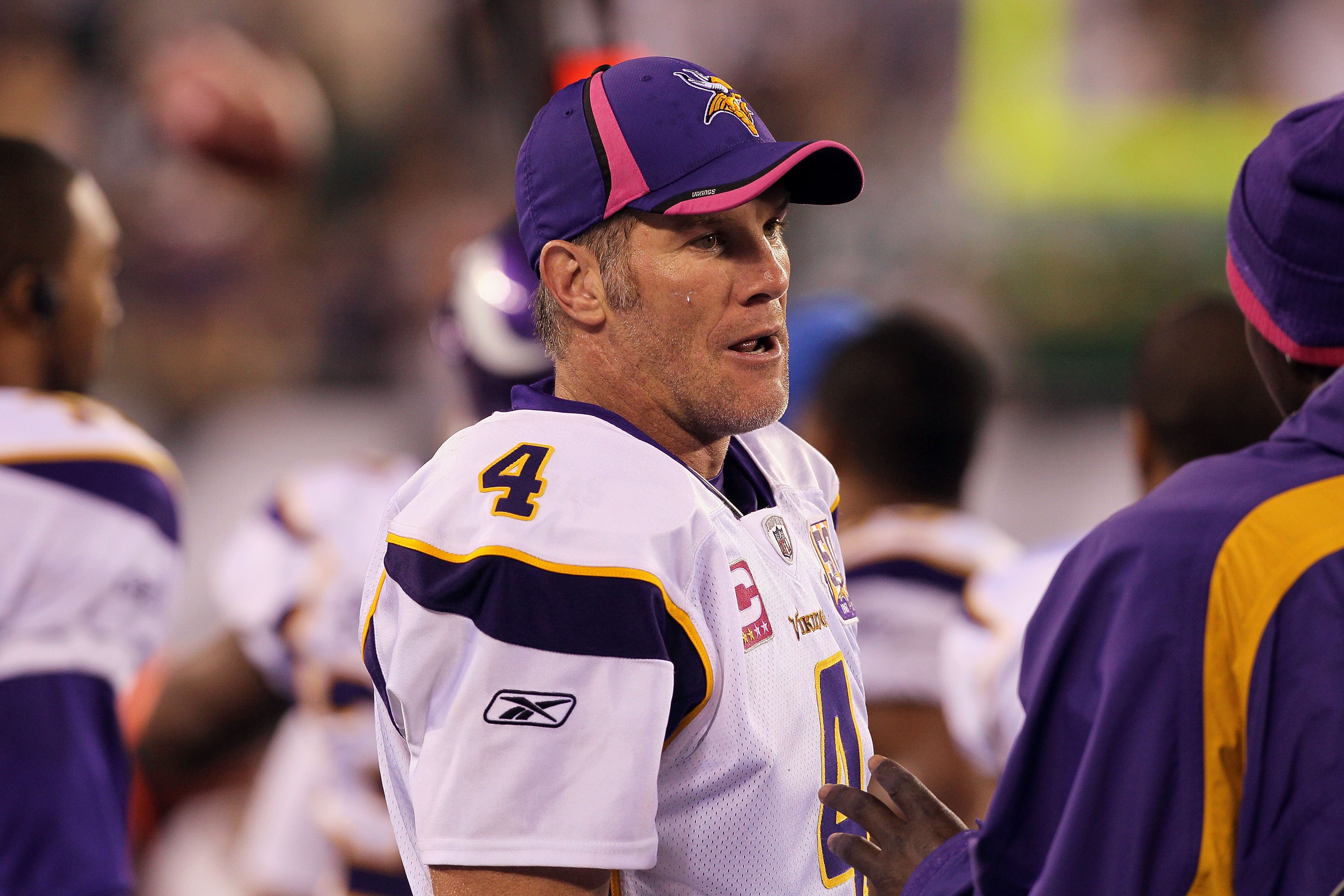 EAST RUTHERFORD, NJ - OCTOBER 11:  Brett Favre #4 of the Minnesota Vikings looks on against the New York Jets at New Meadowlands Stadium on October 11, 2010 in East Rutherford, New Jersey. The Jets won 29-20.  (Photo by Jim McIsaac/Getty Images)