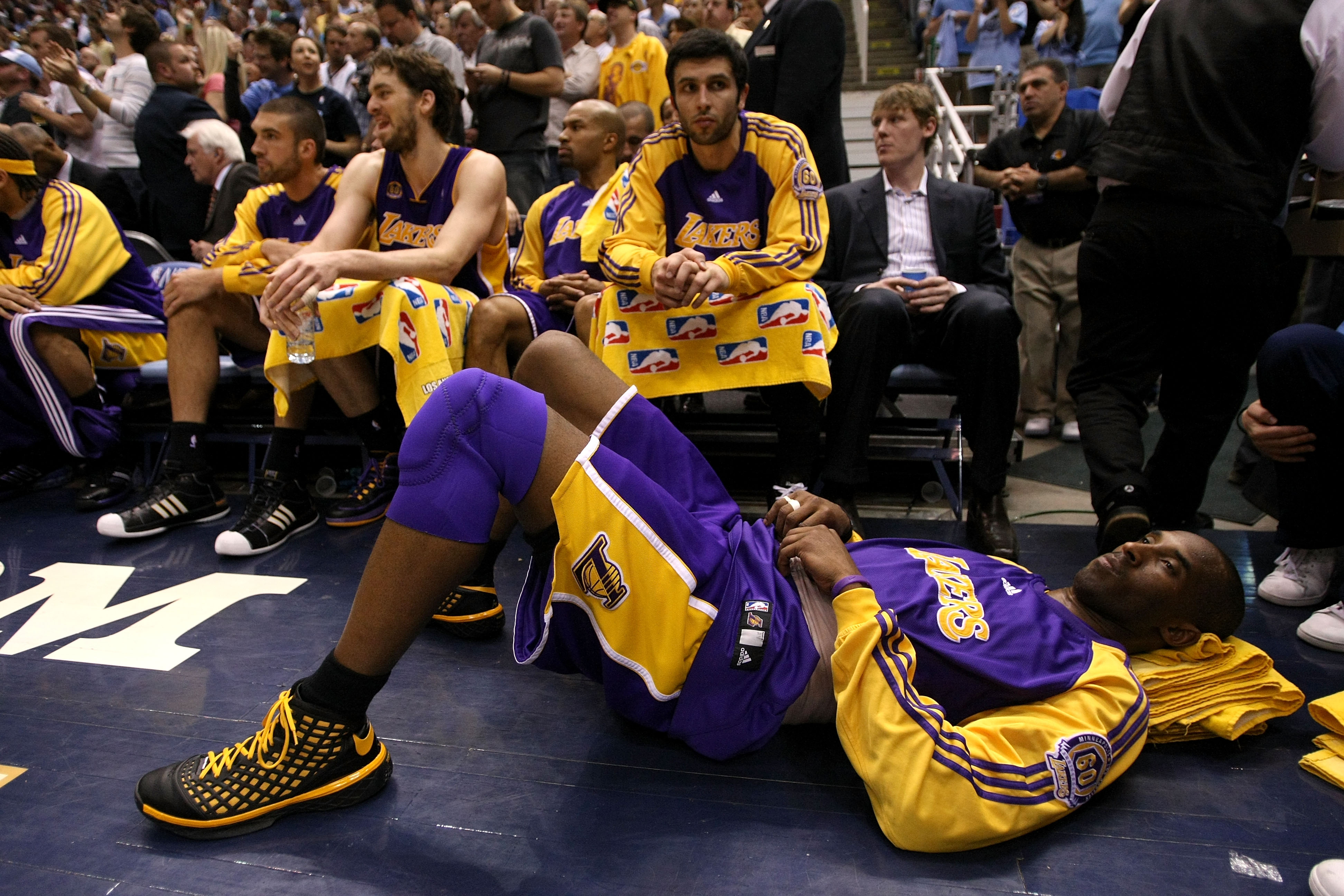 SALT LAKE CITY - MAY 11:  Kobe Bryant #24 of the Los Angeles Lakers lays on the floor with an injured back against the Utah Jazz in Game Four of the Western Conference Semifinals during the 2008 NBA Playoffs on May 11, 2008 at Energy Solutions Arena in Sa