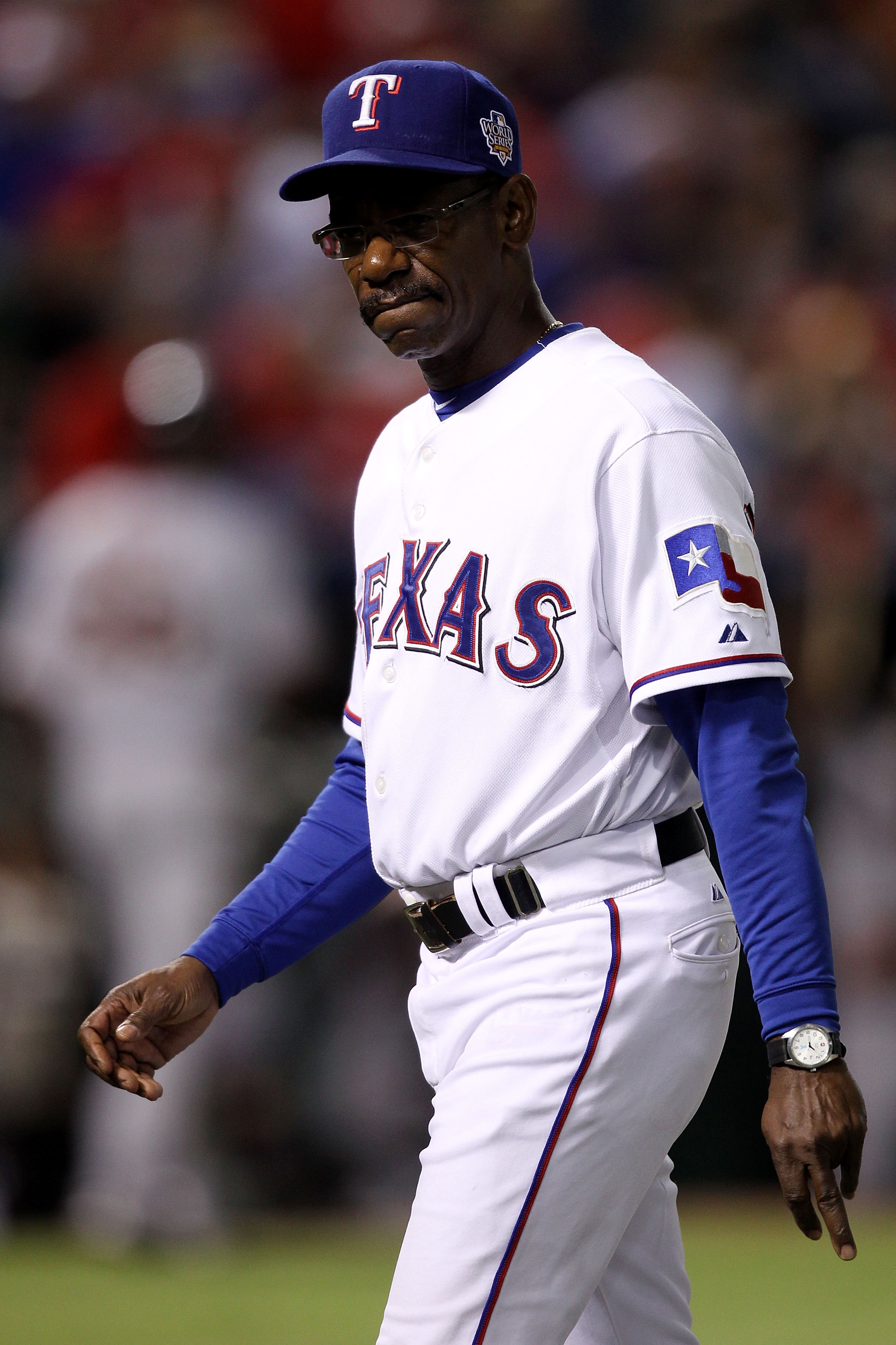 ARLINGTON, TX - OCTOBER 31:  Manager Ron Washington #38 of the Texas Rangers walks to the dugout during their game against the San Francisco Giants in Game Four of the 2010 MLB World Series at Rangers Ballpark in Arlington on October 31, 2010 in Arlington