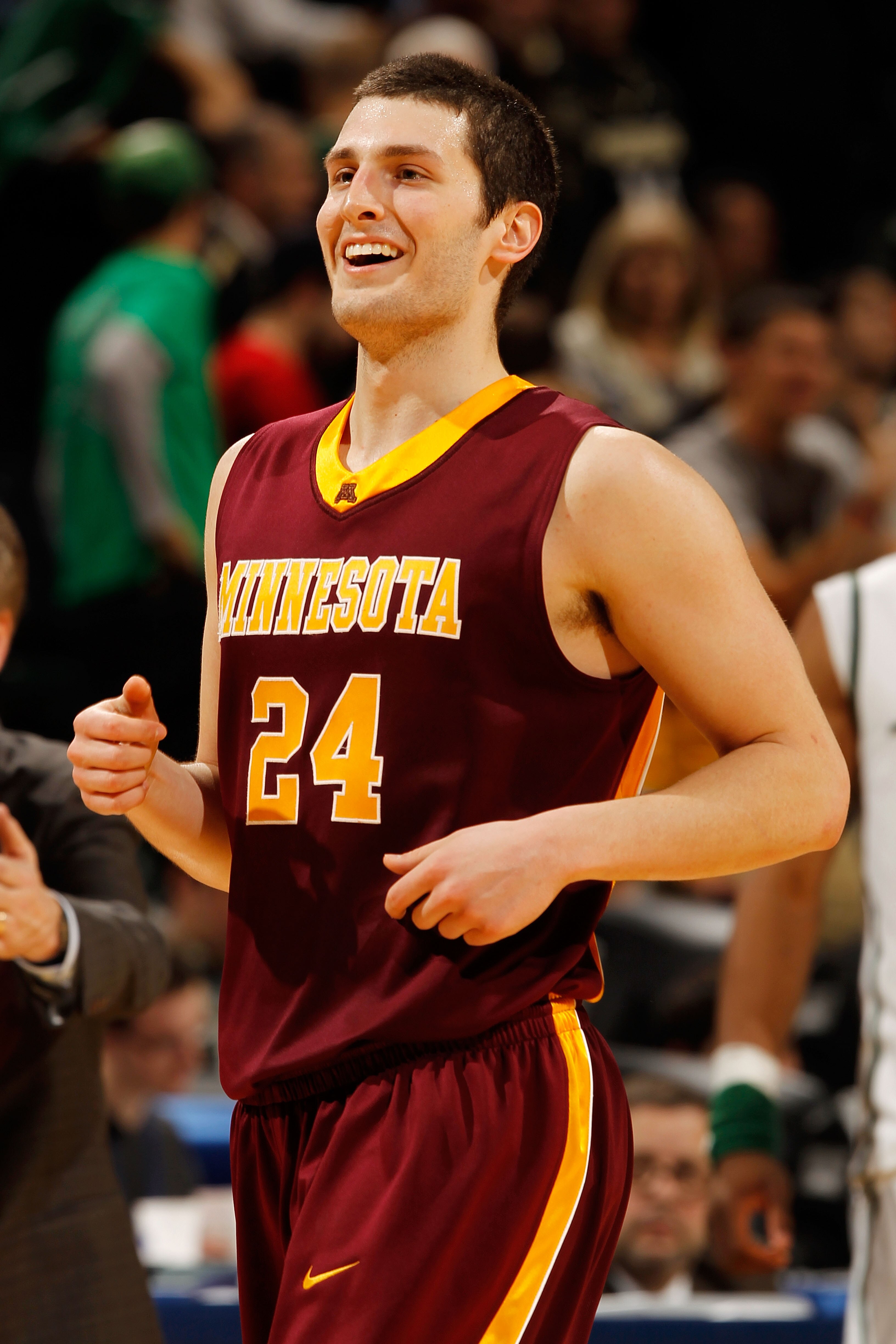 INDIANAPOLIS - MARCH 12:  Guard Blake Hoffarber #24 of the Minnesota Golden Gophers reacts after defeating the Michigan State Spartans 72-67 in overtime of the quarterfinals in the Big Ten Men's Basketball Tournament at Conseco Fieldhouse on March 12, 201