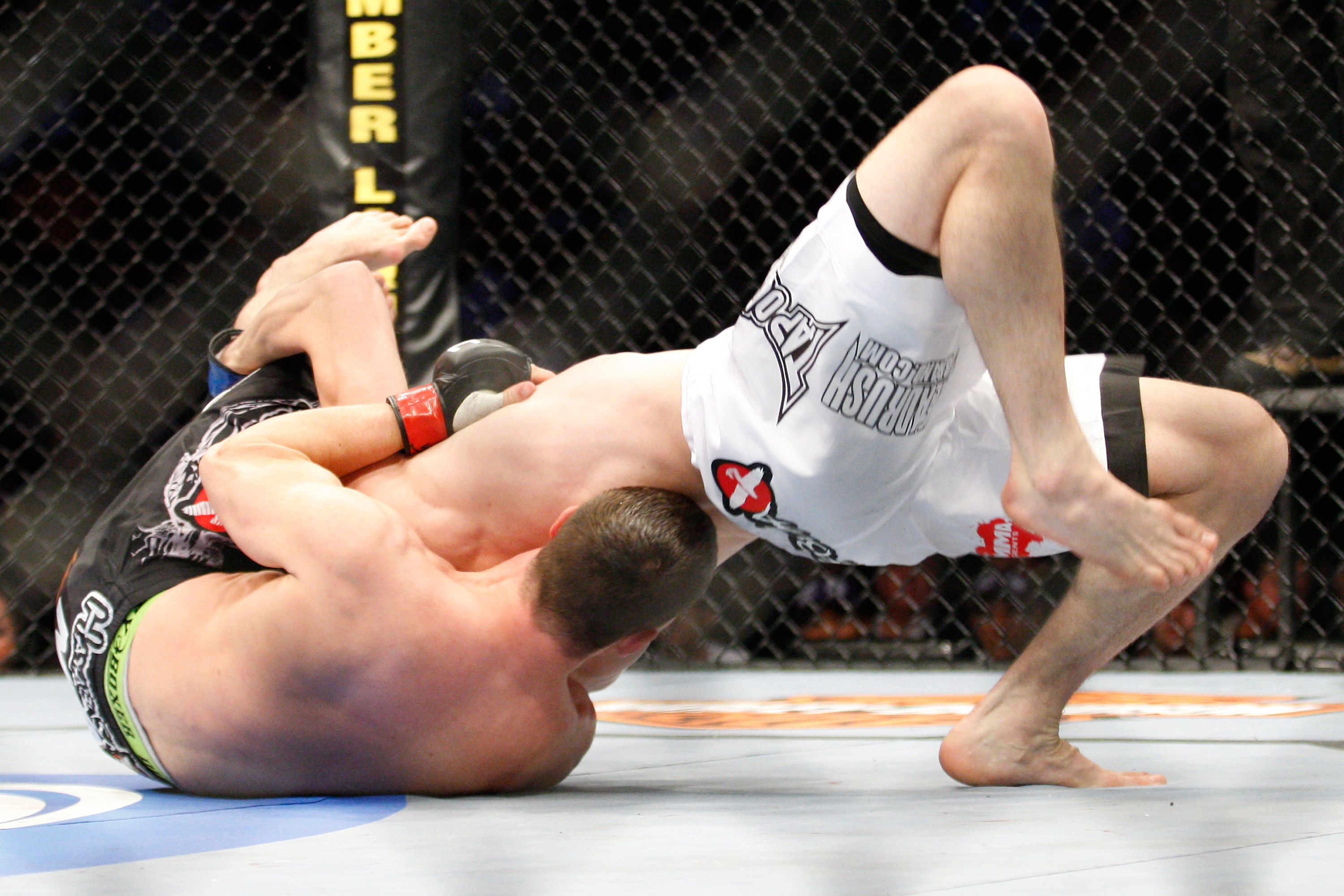 MONTREAL- MAY 8: Marcus Davis (L) holds onto Jonathan Goulet in their welterweight bout at UFC 113 at Bell Centre on May 8, 2010 in Montreal, Quebec, Canada.  (Photo by Richard Wolowicz/Getty Images)