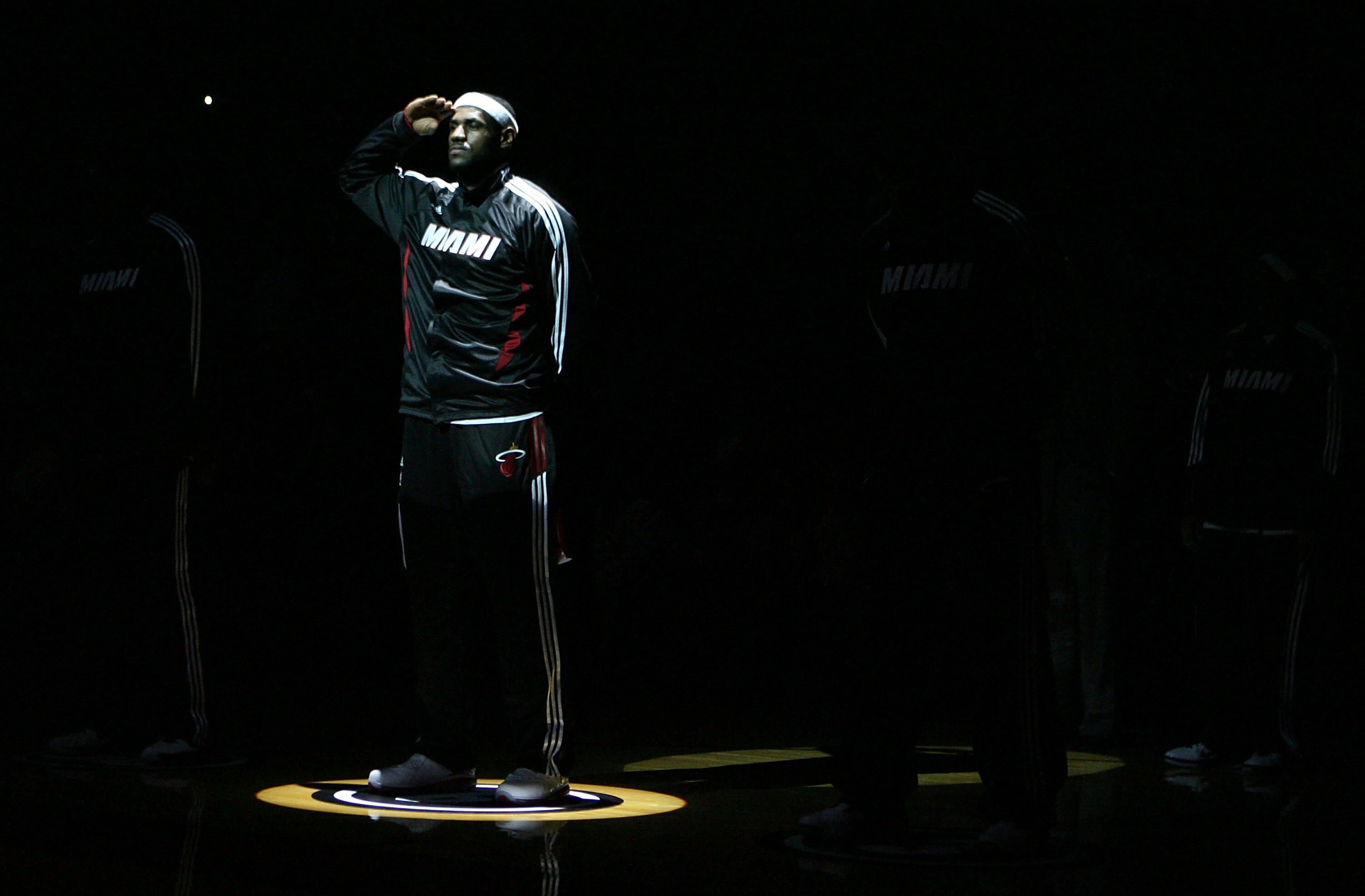 MIAMI - NOVEMBER 02:  Forward LeBropn James #6  of the Miami Heat is introduced prior to taking on the Minnesota Wolves at American Airlines Arena on November 2, 2010 in Miami, Florida. NOTE TO USER: User expressly acknowledges and agrees that, by downloa