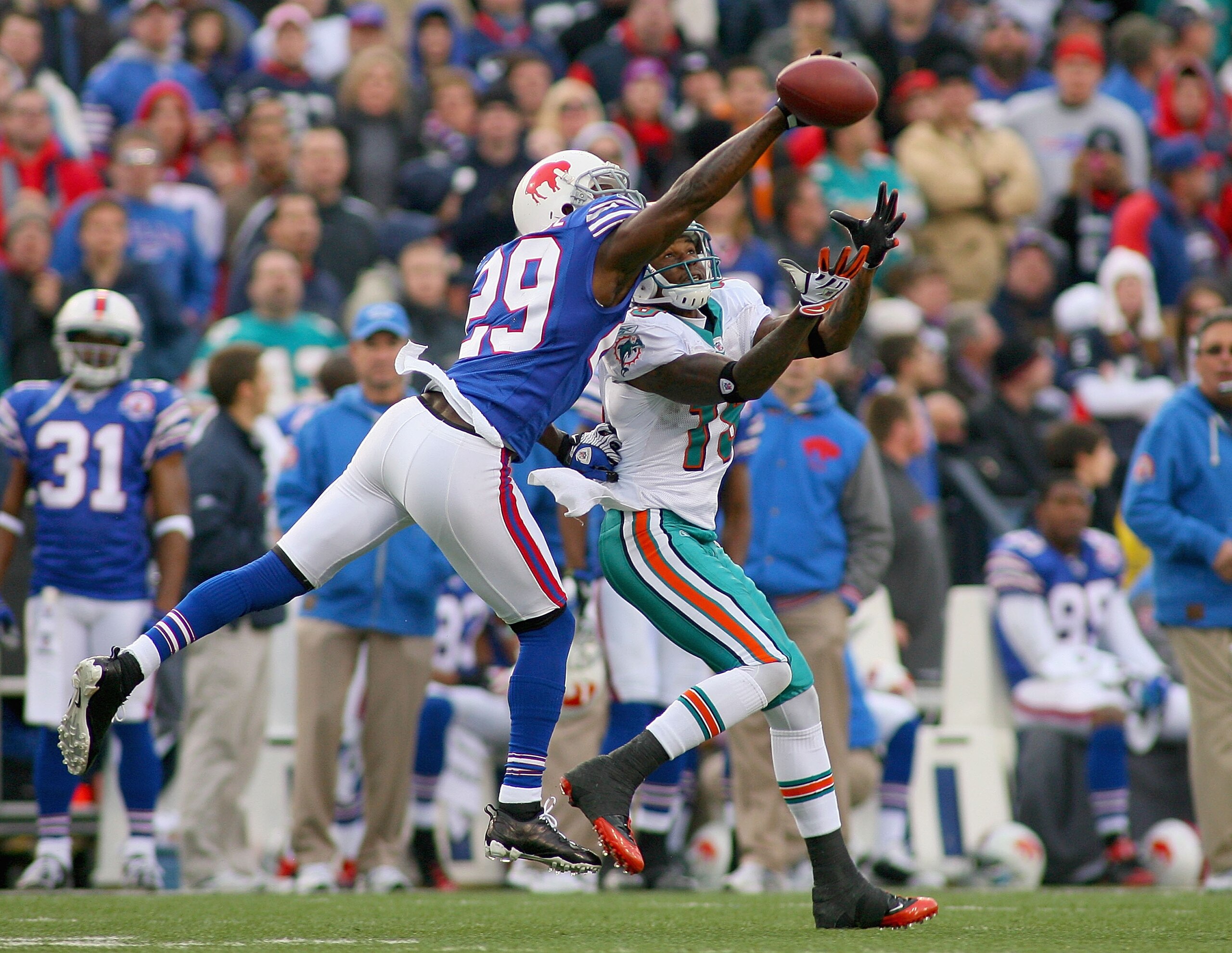 ORCHARD PARK, NY - NOVEMBER 29:  Drayton Florence #29 of the Buffalo Bills deflects a pass intended for Ted Ginn Jr #19 of the Miami Dolphins at Ralph Wilson Stadium on November 29, 2009 in Orchard Park, New York. Buffalo won 31-14. (Photo by Rick Stewart