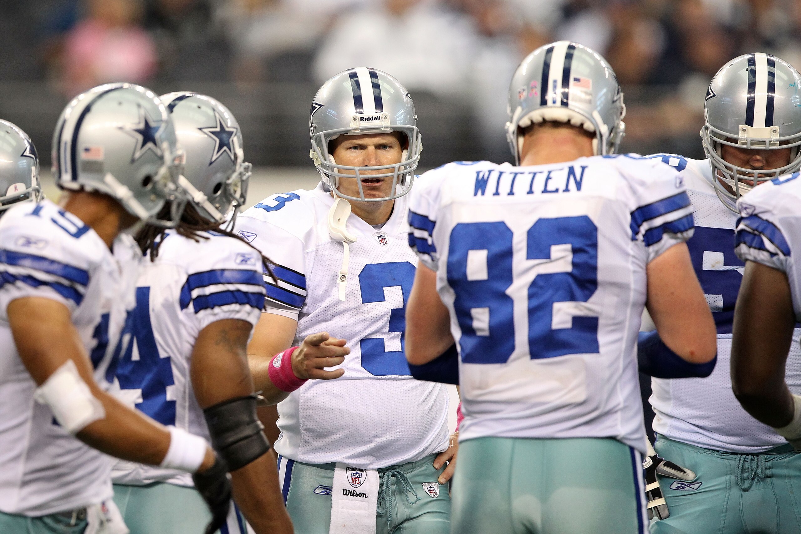 ARLINGTON, TX - OCTOBER 31: Quarterback Jon Kitna #3 of the Dallas Cowboys calls a play in the huddle against the Jacksonville Jaguars at Cowboys Stadium on October 31, 2010 in Arlington, Texas. (Photo by Chris Chambers/Getty Images) ARLINGTON, TX - OCTOBER 31: Quarterback Jon Kitna #3 of the Dallas Cowboys calls a play in the huddle against the Jacksonville Jaguars at Cowboys Stadium on October 31, 2010 in Arlington, Texas. (Photo by Chris Chambers/Getty Images)