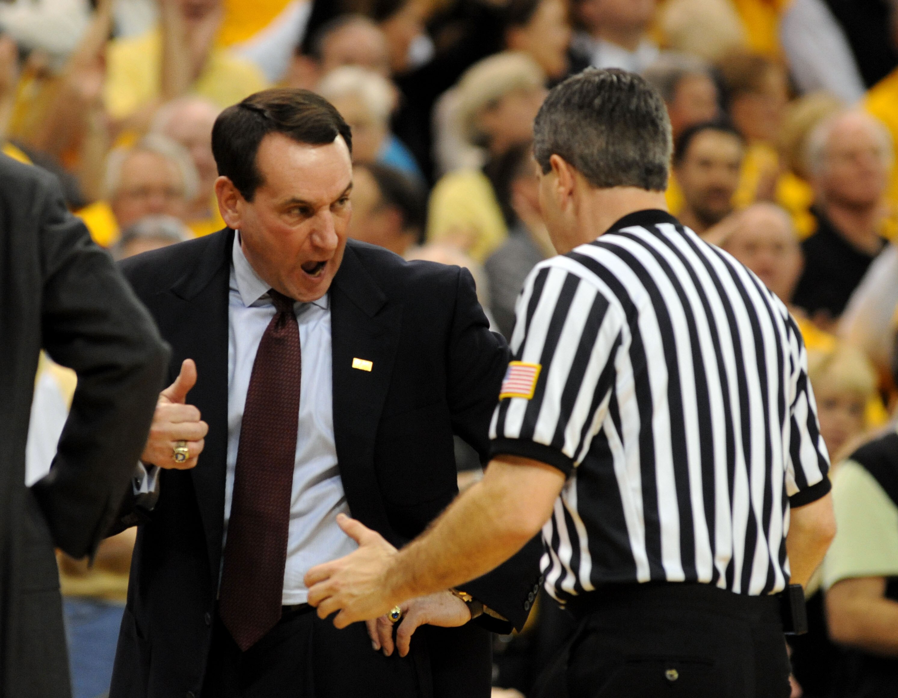 WINSTON-SALEM, NC - JANUARY 28:   Head coach Mike Krzyzewski of the Duke Blue Devils has some words with an official in the second half of the Blue Devils 70-68 loss to the Wake Forest Demon Deacons at Lawrence Joel Coliseum on January 28, 2009 in Winston