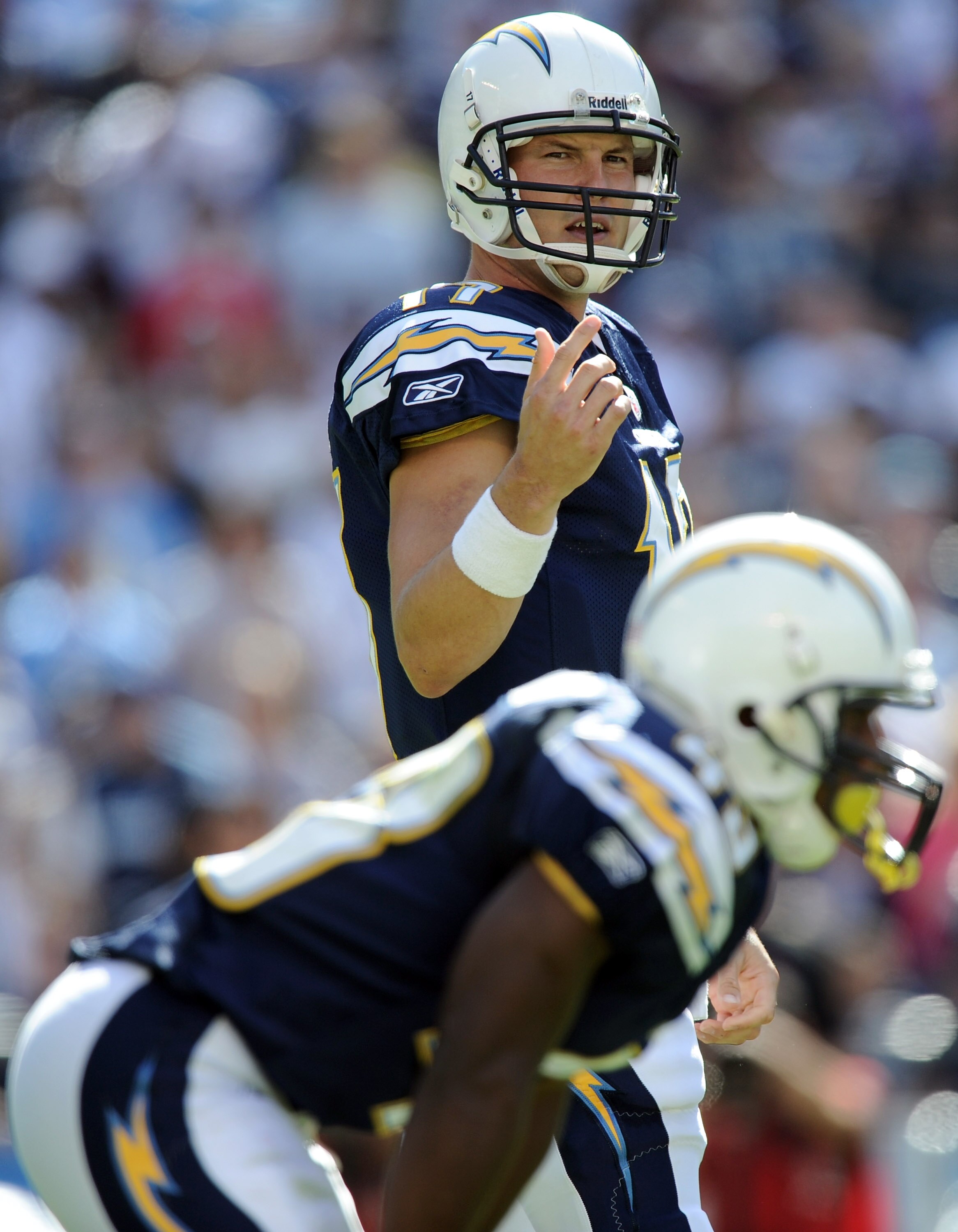 SAN DIEGO - OCTOBER 24:  Portrait of Philip Rivers #17 of the San Diego Chargers calls a play in front of Darren Sproles #43 against the New England Patriots at Qualcomm Stadium on October 24, 2010 in San Diego, California.  (Photo by Harry How/Getty Imag