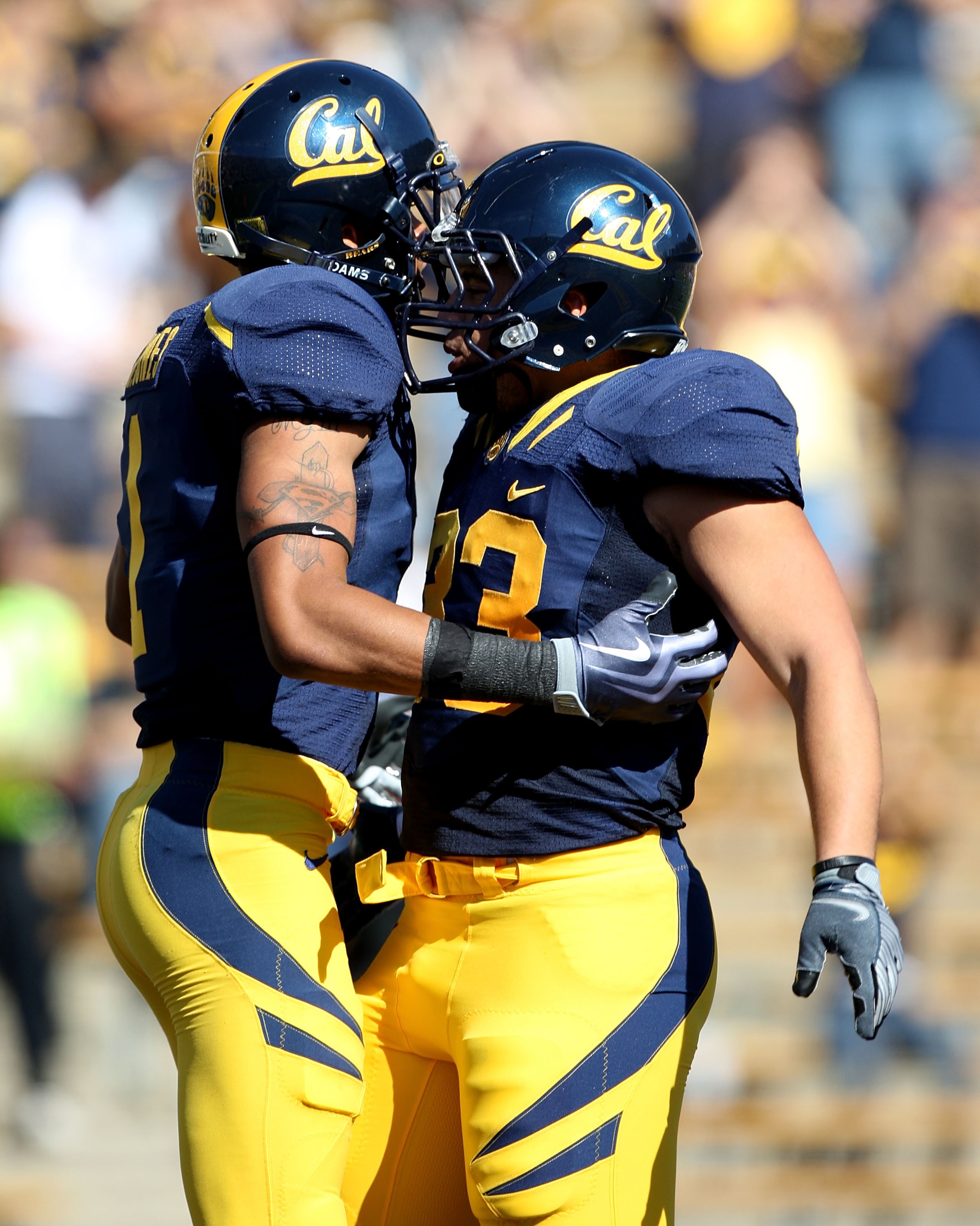 BERKELEY, CA - OCTOBER 24:  Marvin Jones #1 of the California Golden Bears celebrates with teammate Brain Holley #33 after scoring a tochdown in the 1st half against the Washington State Cougars at California Memorial Stadium on October 24, 2009 in Berkel