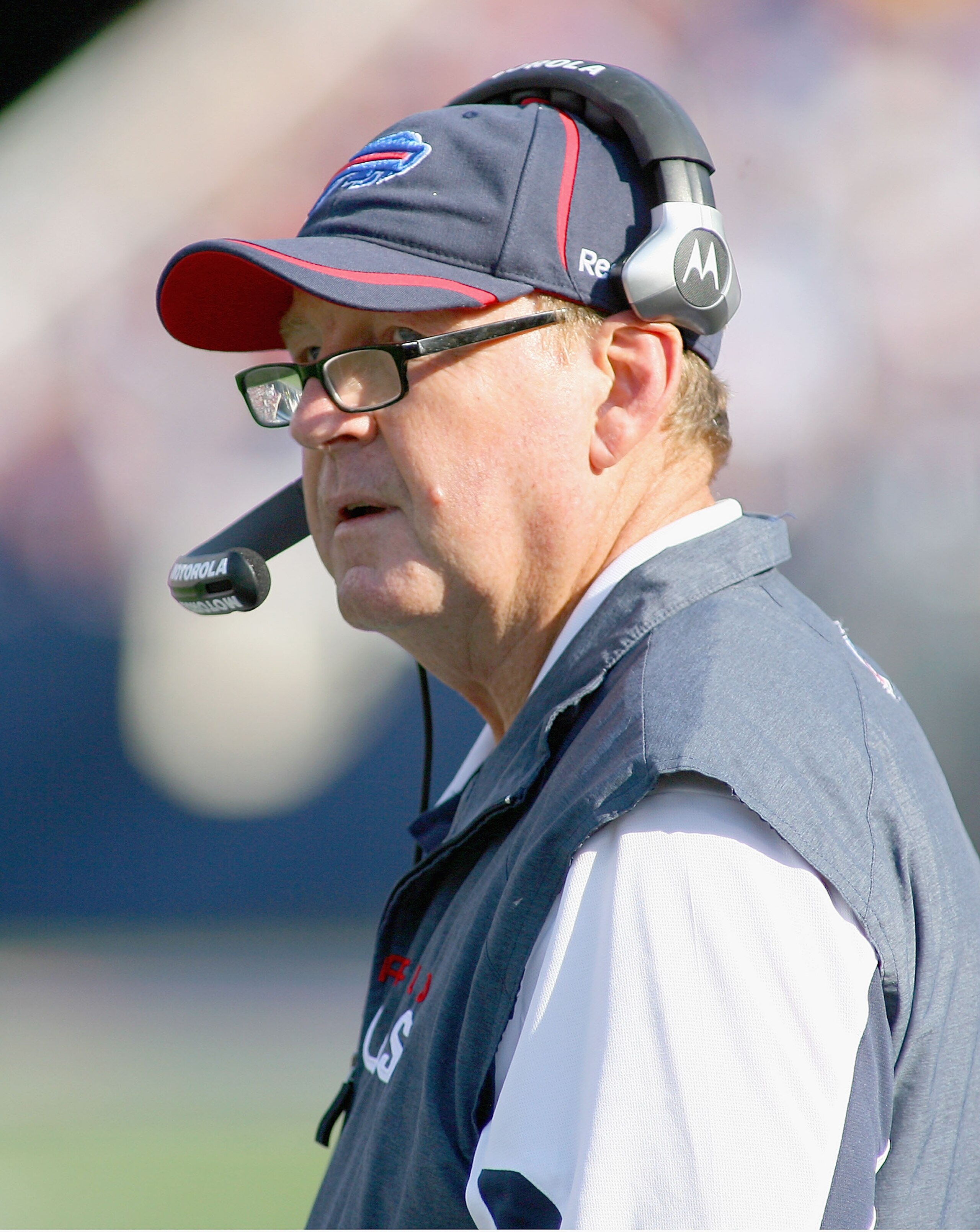 ORCHARD PARK, NY - OCTOBER 10: Chan Gailey, head coach of the Buffalo Bills stands on the sidelines against the Jacksonville Jaguars at Ralph Wilson Stadium on October 10, 2010 in Orchard Park, New York. Jacksonville won 36-26. (Photo by Rick Stewart/Gett