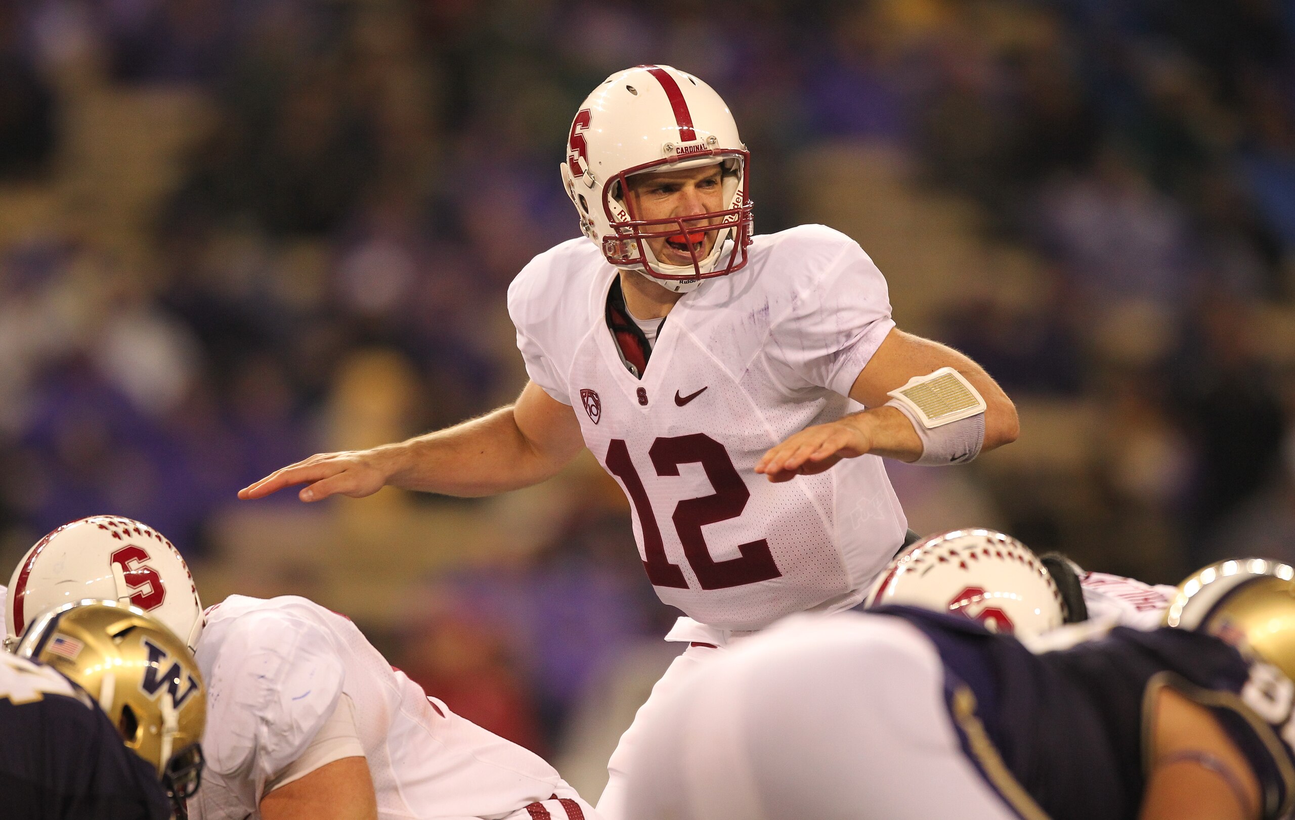 SEATTLE - OCTOBER 30:  Quarterback Andrew Luck #12 of the Stanford Cardinal calls a play at the line of scrimmage during the game against the Washington Huskies on October 30, 2010 at Husky Stadium in Seattle, Washington. Stanford won 41-0. (Photo by Otto