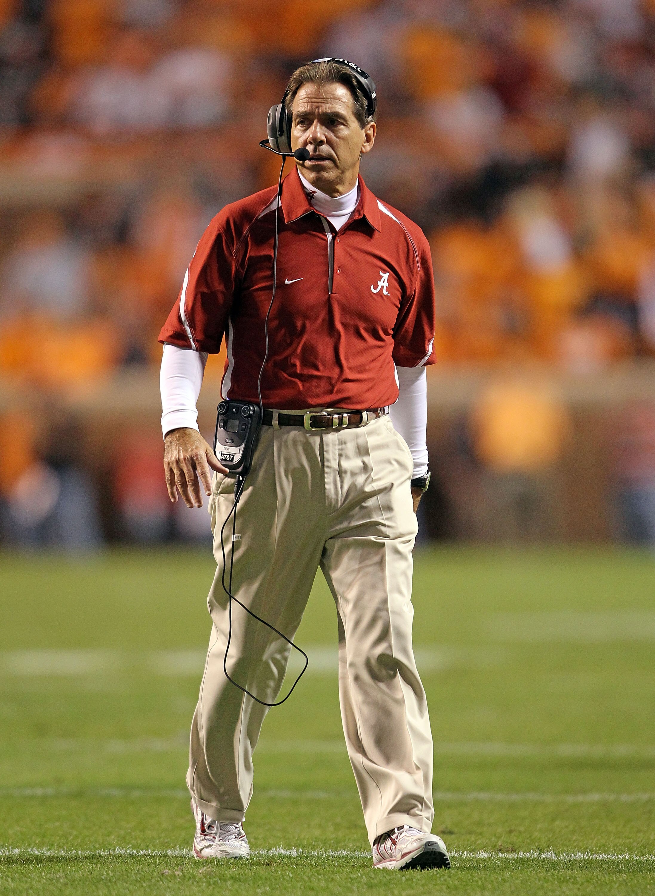 KNOXVILLE, TN - OCTOBER 23:  Nick Saban the Head Coach of the Alabama Crimson Tide watches his team during the SEC game against the Tennessee Volunteers at Neyland Stadium on October 23, 2010 in Knoxville, Tennessee.  (Photo by Andy Lyons/Getty Images)