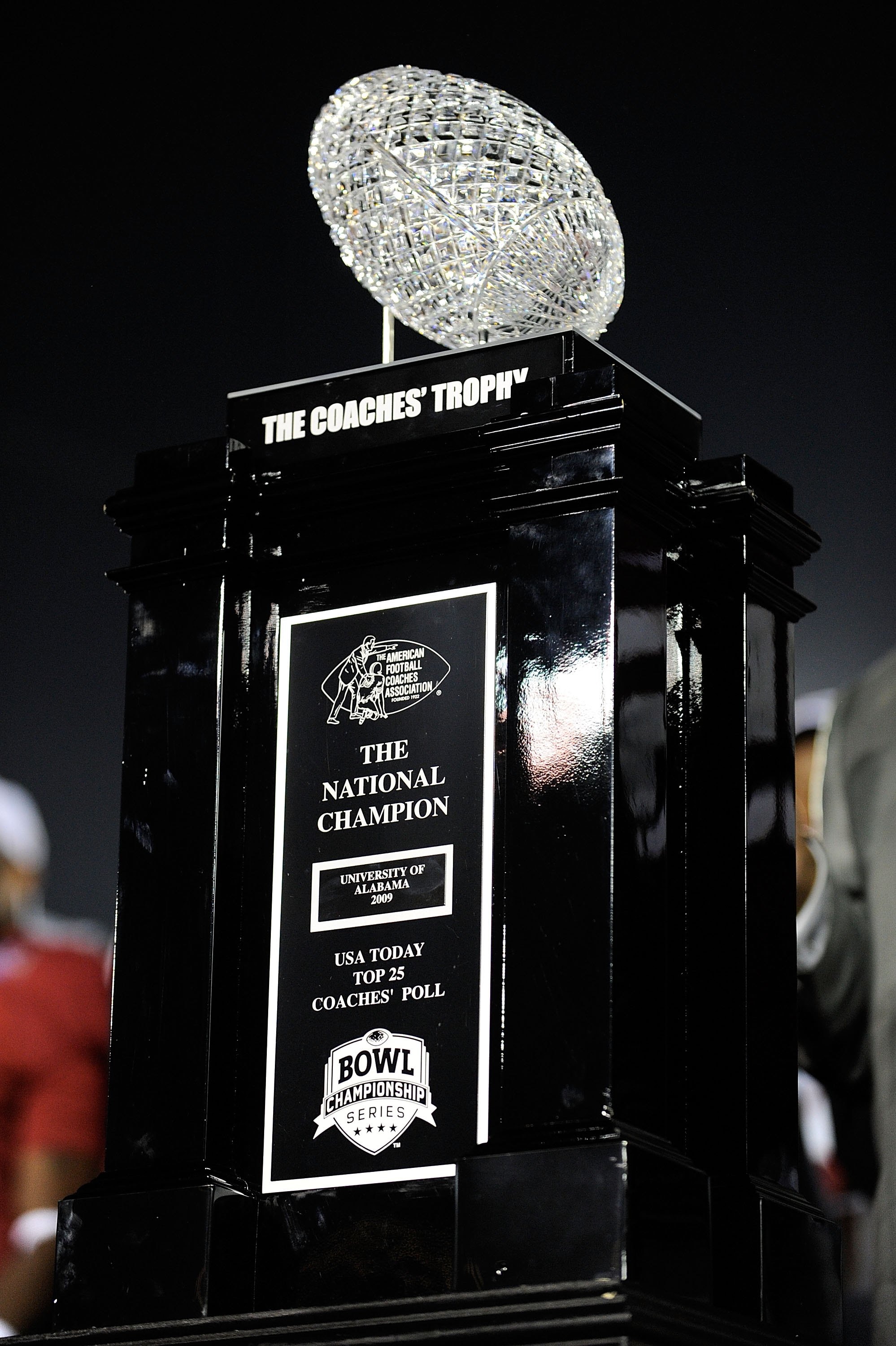 PASADENA, CA - JANUARY 07:  The BCS National Championship trophy which was won by the Alabama Crimson Tide after winning the Citi BCS National Championship game over the Texas Longhorns at the Rose Bowl on January 7, 2010 in Pasadena, California. The Crim