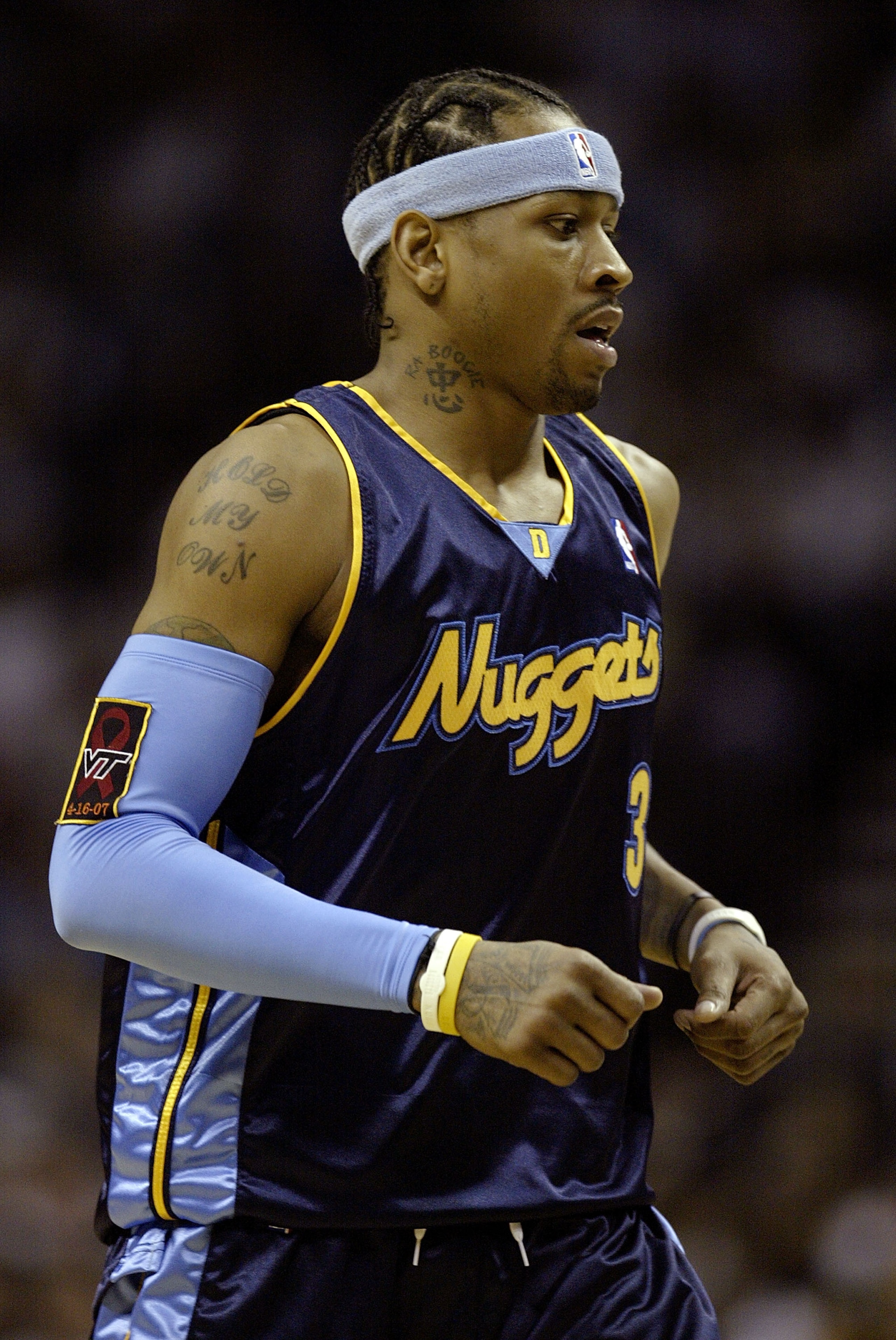 SAN ANTONIO - APRIL 22:  Guard Allen Iverson #3 of the Denver Nuggets wears a Virginia Tech University patch on his armband in honor of those who were killed on April 16, 2007, during Game One of the Western Conference Quarterfinals during the 2007 NBA Pl