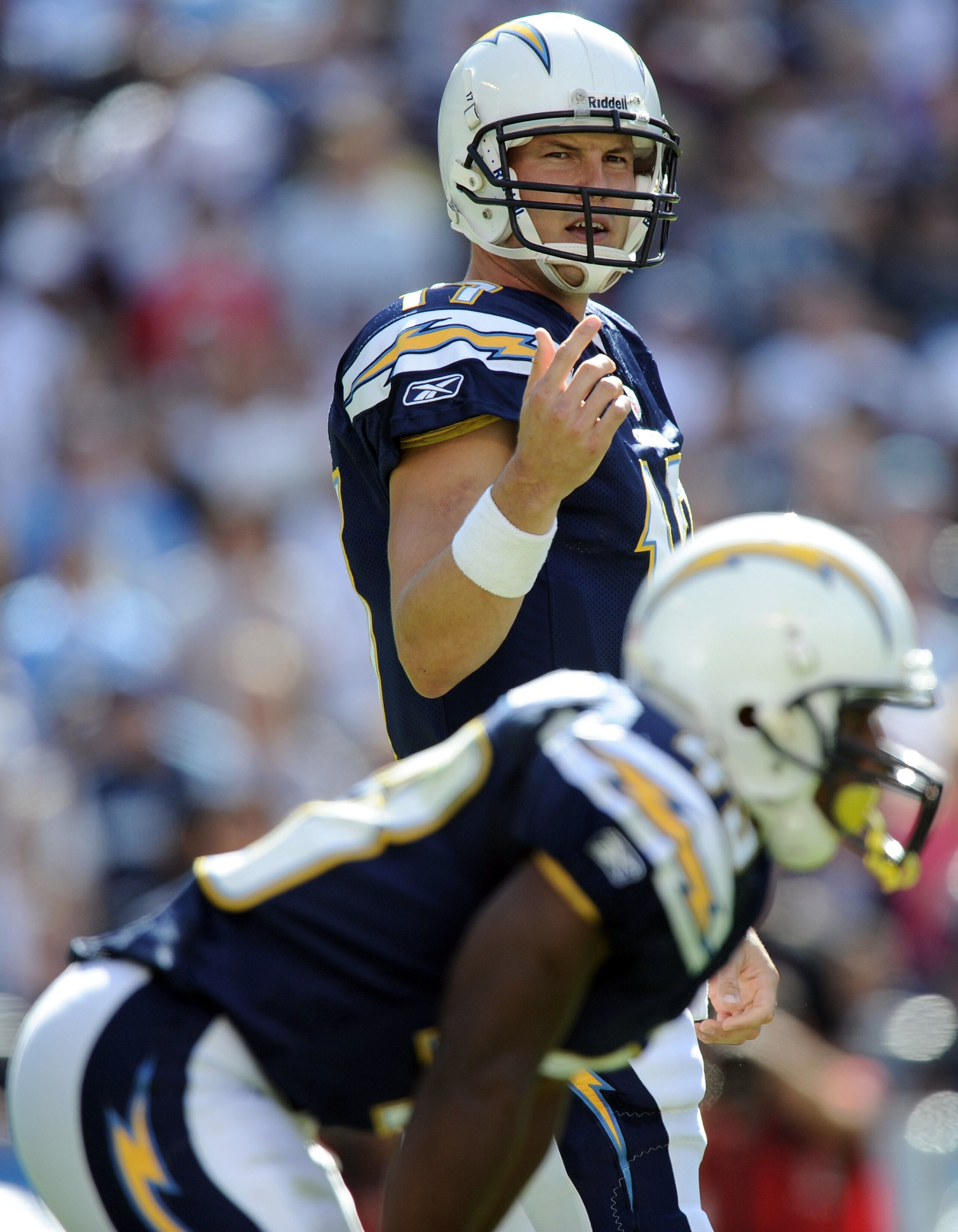 SAN DIEGO - OCTOBER 24:  Portrait of Philip Rivers #17 of the San Diego Chargers calls a play in front of Darren Sproles #43 against the New England Patriots at Qualcomm Stadium on October 24, 2010 in San Diego, California.  (Photo by Harry How/Getty Imag