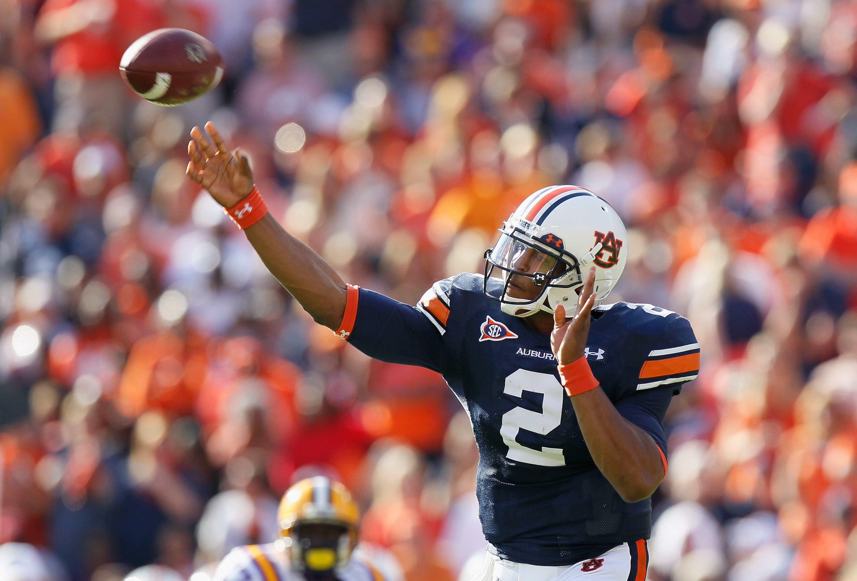AUBURN, AL - OCTOBER 23:  Quarterback Cameron Newton #2 of the Auburn Tigers passes upfield against the LSU Tigers at Jordan-Hare Stadium on October 23, 2010 in Auburn, Alabama.  (Photo by Kevin C. Cox/Getty Images)