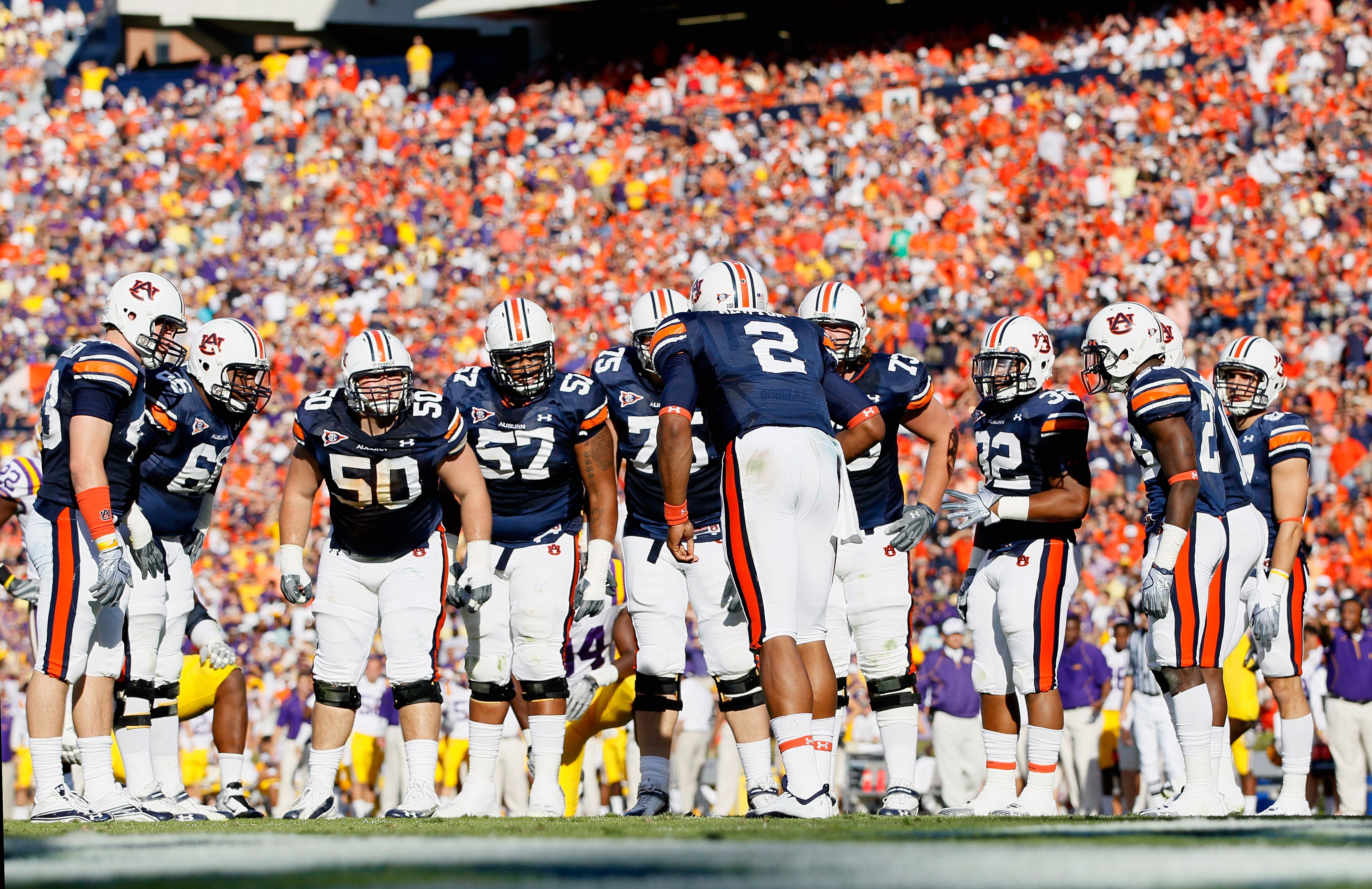 AUBURN, AL - OCTOBER 23:  Quarterback Cameron Newton #2 of the Auburn Tigers huddles the offense against the LSU Tigers at Jordan-Hare Stadium on October 23, 2010 in Auburn, Alabama.  (Photo by Kevin C. Cox/Getty Images)