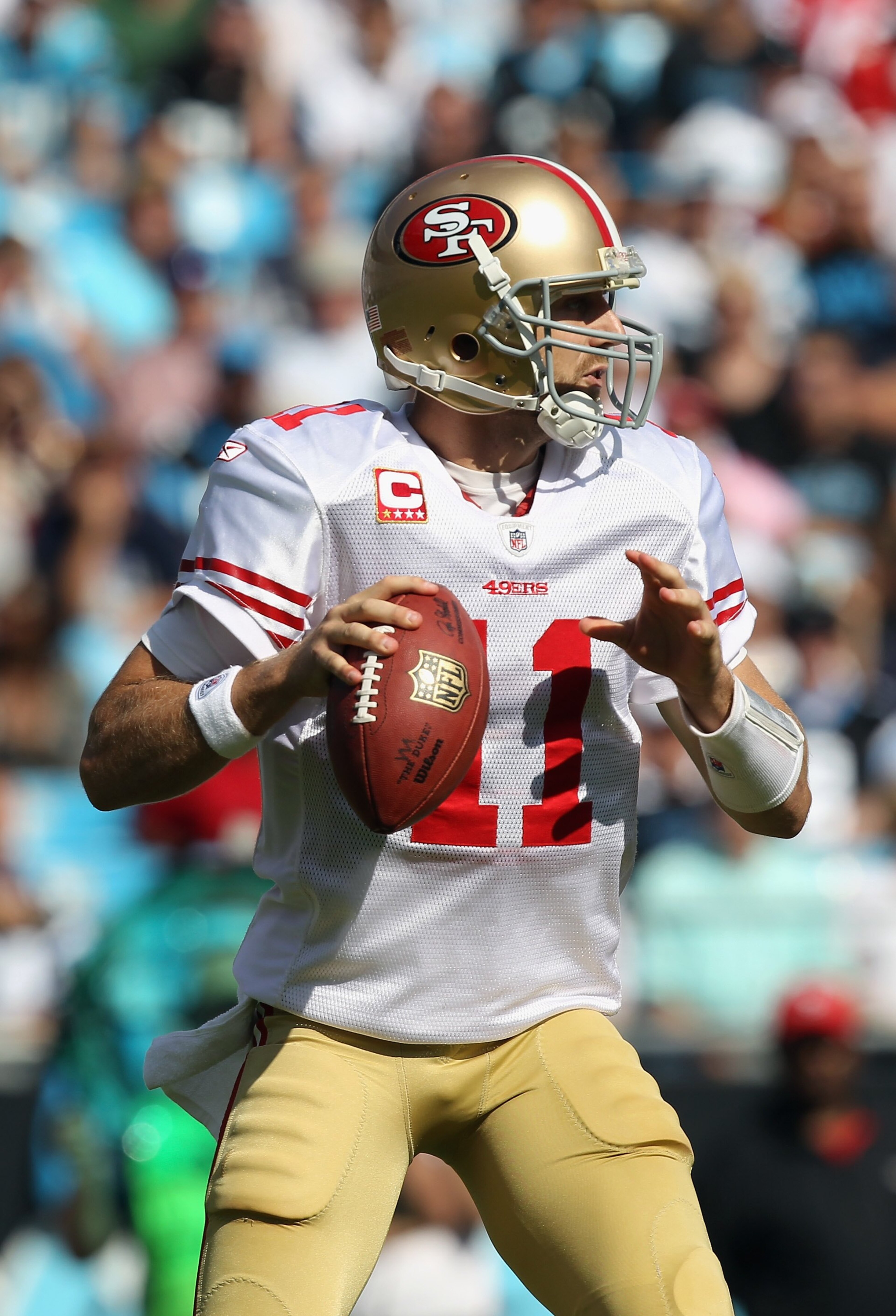 CHARLOTTE, NC - OCTOBER 24:  Alex Smith #11 of the San Francisco 49ers against the Carolina Panthers during their game at Bank of America Stadium on October 24, 2010 in Charlotte, North Carolina.  (Photo by Streeter Lecka/Getty Images)