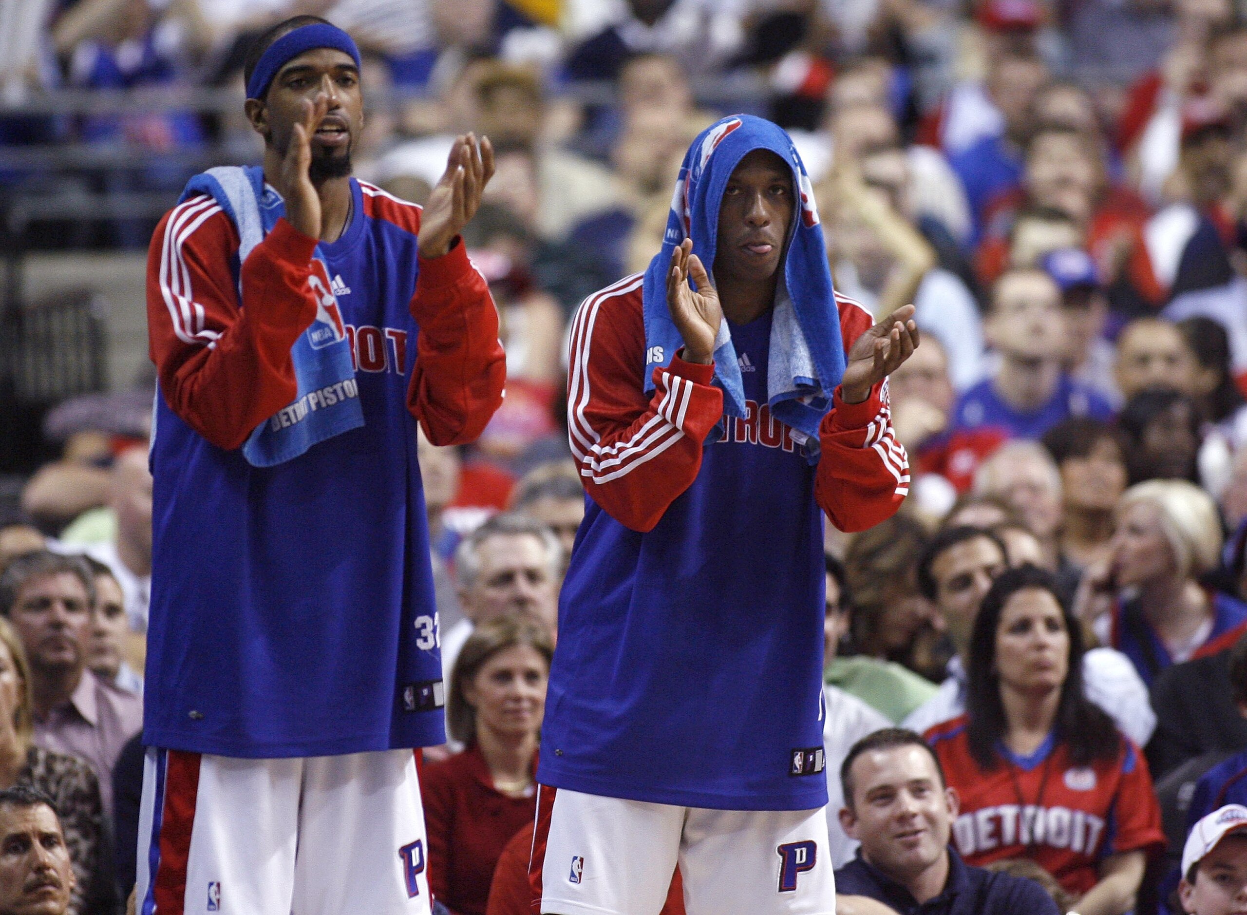AUBURN HILLS, MI - APRIL 20: Richard Hamilton #32 (L) and Chauncey Billups #1 of the Detroit Pistons cheer on teammates from the bench while playing the Philadelphia 76ers in Game One of the Eastern Conference Quarterfinals during the 2008 NBA Playoffs at AUBURN HILLS, MI - APRIL 20: Richard Hamilton #32 (L) and Chauncey Billups #1 of the Detroit Pistons cheer on teammates from the bench while playing the Philadelphia 76ers in Game One of the Eastern Conference Quarterfinals during the 2008 NBA Playoffs at