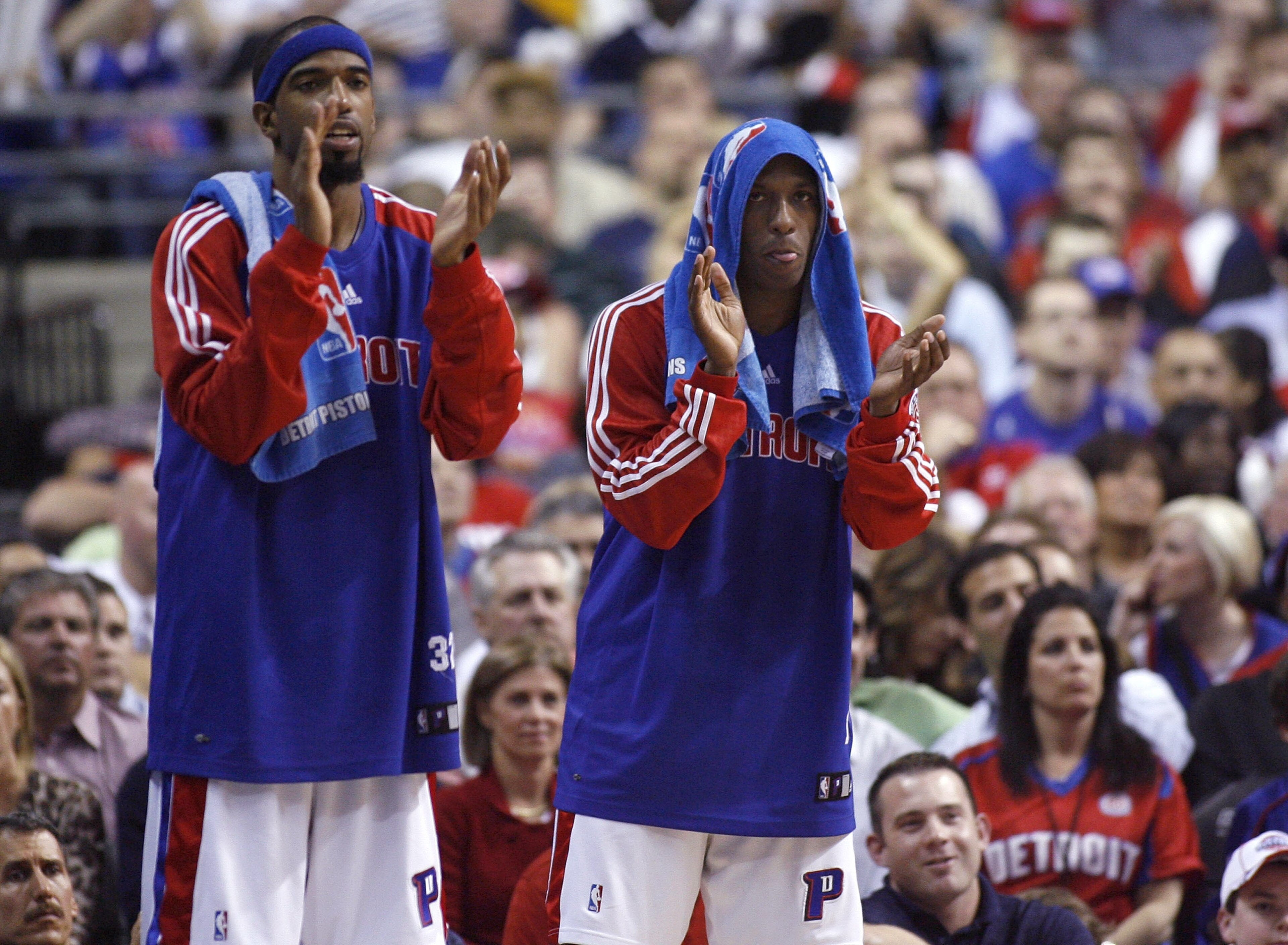 AUBURN HILLS, MI - APRIL 20: Richard Hamilton #32 (L) and Chauncey Billups #1 of the Detroit Pistons cheer on teammates from the bench while playing the Philadelphia 76ers in Game One of the Eastern Conference Quarterfinals during the 2008 NBA Playoffs at AUBURN HILLS, MI - APRIL 20: Richard Hamilton #32 (L) and Chauncey Billups #1 of the Detroit Pistons cheer on teammates from the bench while playing the Philadelphia 76ers in Game One of the Eastern Conference Quarterfinals during the 2008 NBA Playoffs at
