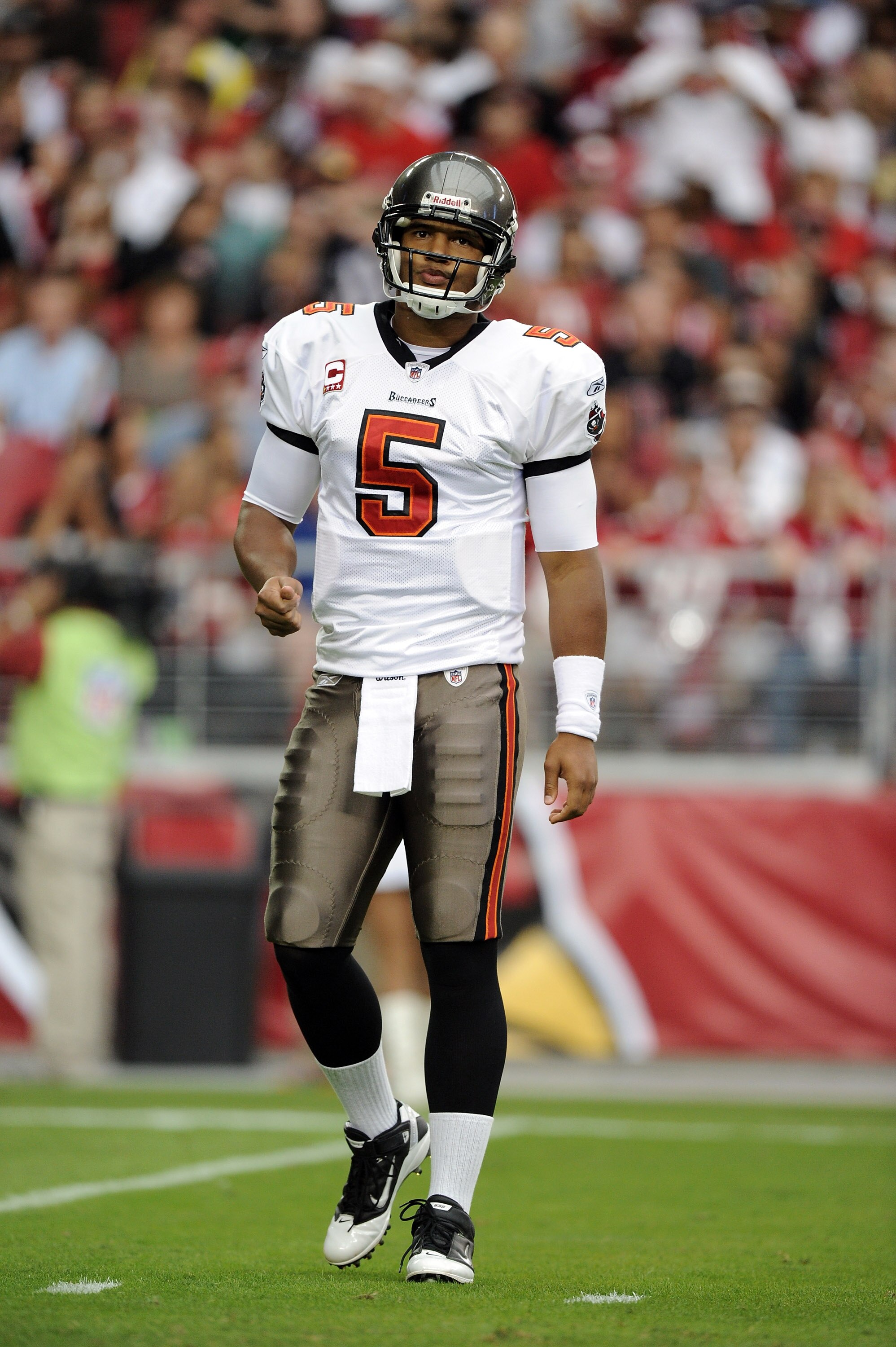 GLENDALE, AZ - OCTOBER 31:  Josh Freeman #5 of the Tampa Bay Buccaneers reacts after a play against the Arizona Cardinals at University of Phoenix Stadium on October 31, 2010 in Glendale, Arizona.  (Photo by Harry How/Getty Images)