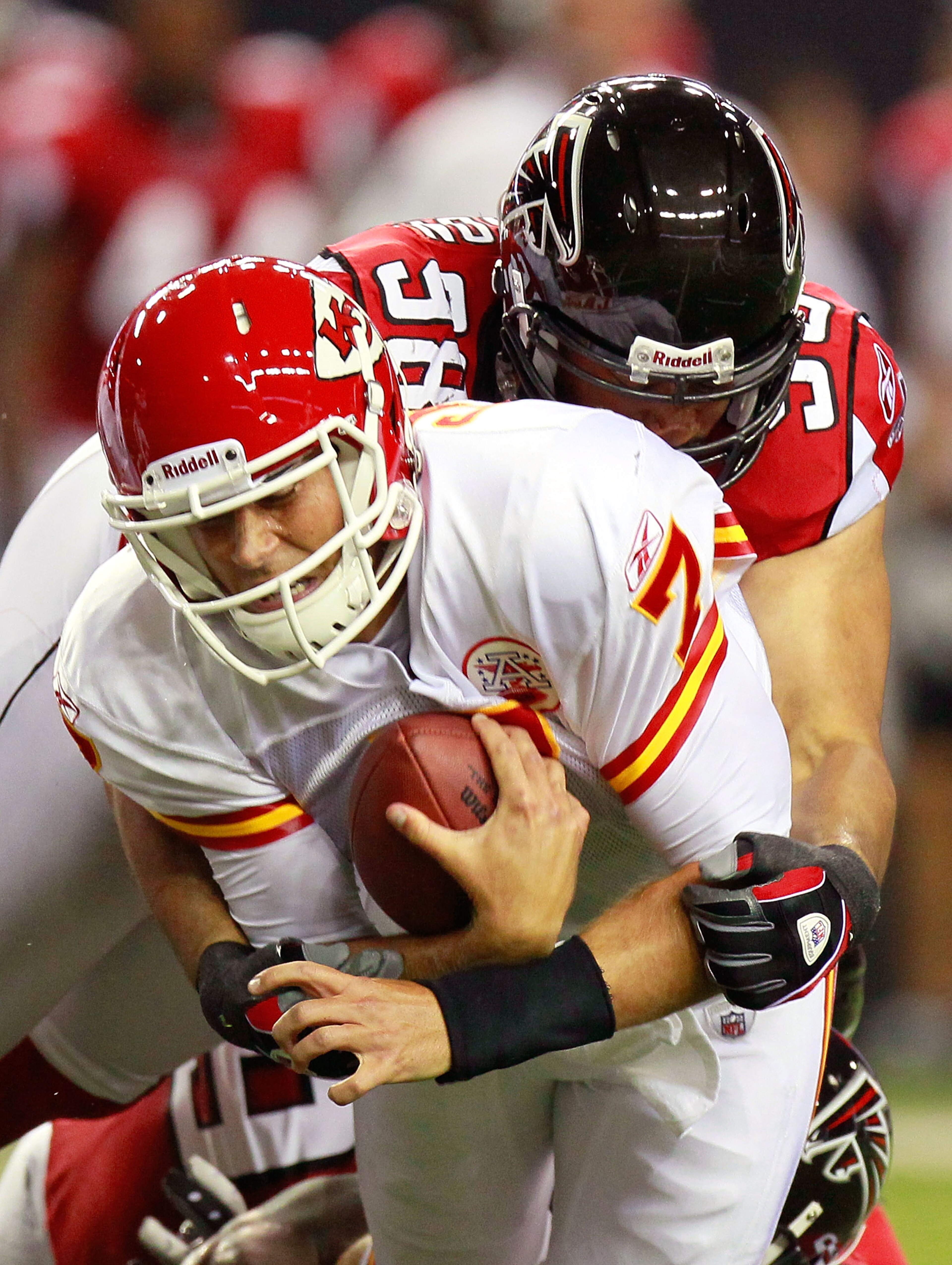 ATLANTA - AUGUST 13: Jamaal Anderson #98 of the Atlanta Falcons sacks quarterback Matt Cassel #7 of the Kansas City Chiefs at Georgia Dome on August 13, 2010 in Atlanta, Georgia. (Photo by Kevin C. Cox/Getty Images) ATLANTA - AUGUST 13: Jamaal Anderson #98 of the Atlanta Falcons sacks quarterback Matt Cassel #7 of the Kansas City Chiefs at Georgia Dome on August 13, 2010 in Atlanta, Georgia. (Photo by Kevin C. Cox/Getty Images)