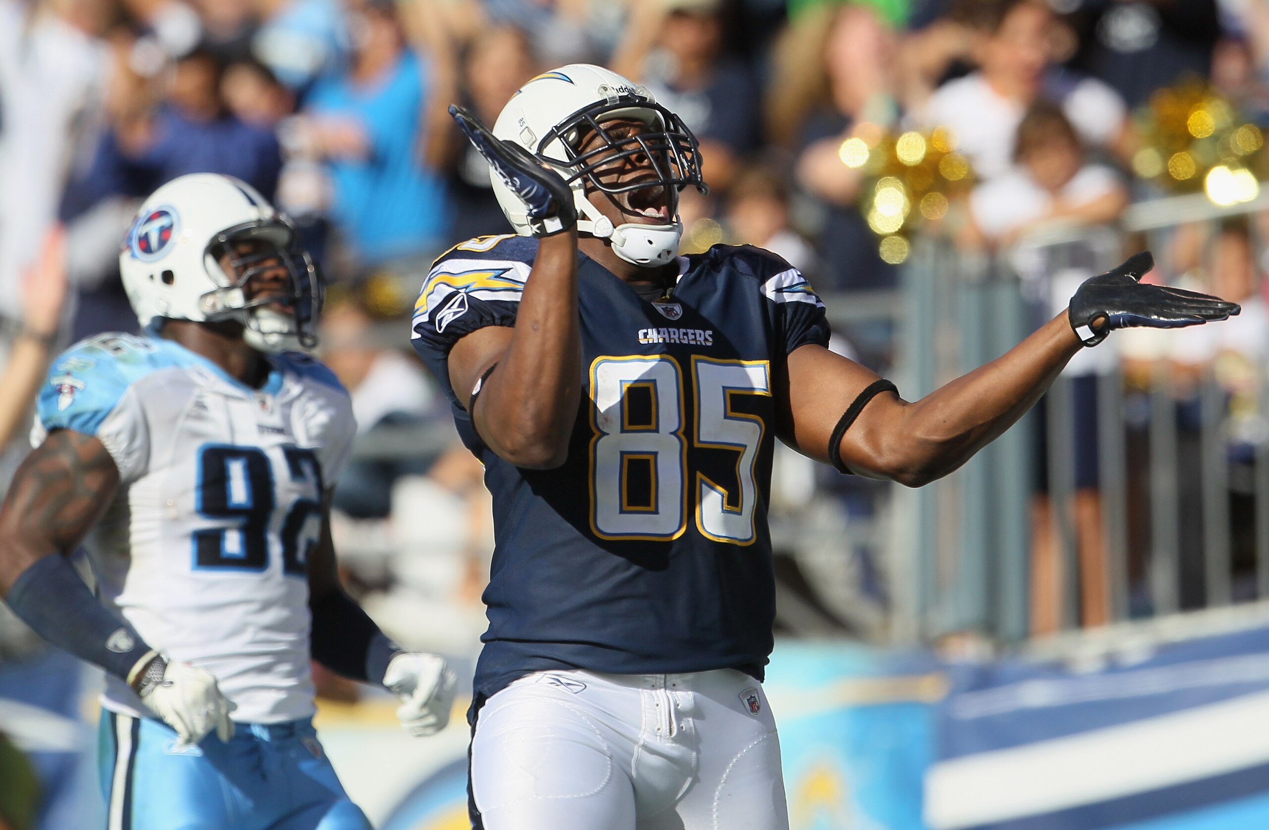 SAN DIEGO - OCTOBER 31:  Tight end Antonio Gates #85 of the San Diego Chargers celebrates a touchdown against the Tennessee Titans in the third quarter at Qualcomm Stadium on October 31, 2010 in San Diego, California. The Chargers defeated the Titans 33-2