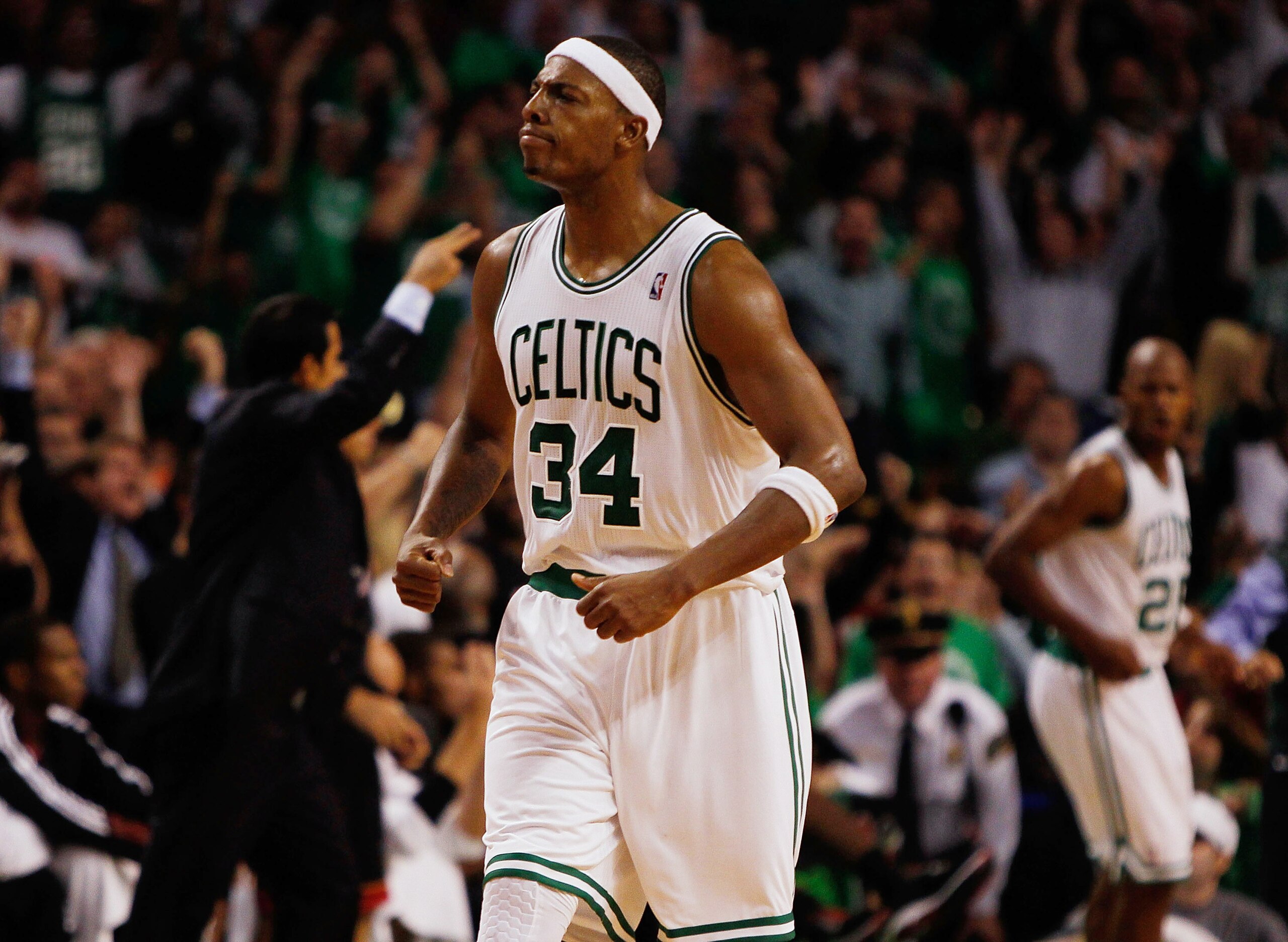 BOSTON, MA - OCTOBER 26:  Paul Pierce #34 of the Boston Celtics reacts after teammate Ray Allen #20 shoot a three-point basket during a game against the Miami Heat at the TD Banknorth Garden on October 26, 2010 in Boston, Massachusetts. NOTE TO USER: User