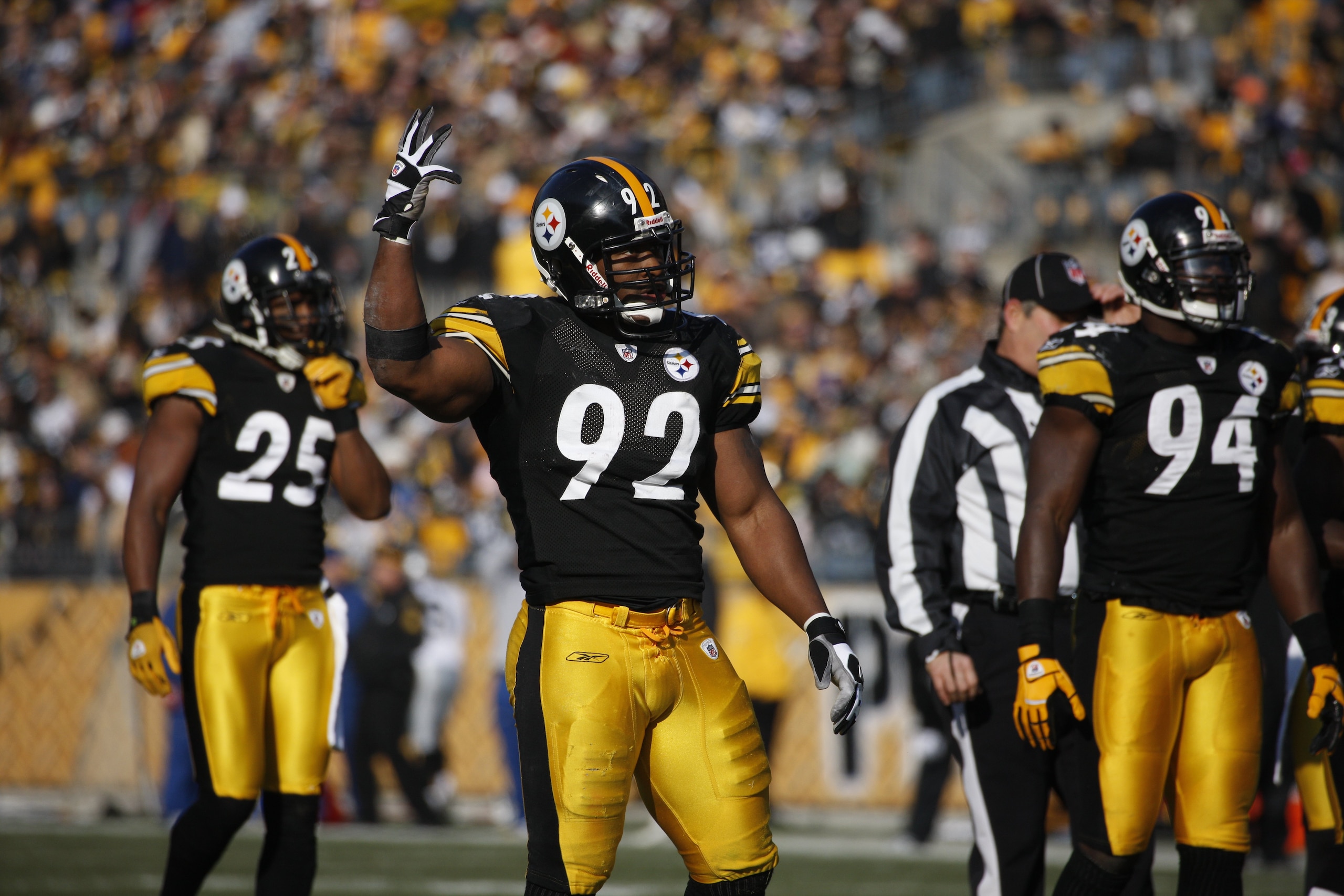PITTSBURGH - DECEMBER 06:  James Harrison #92 of the Pittsburgh Steelers gestures during the game against the Oakland Raiders on December 6, 2009 at Heinz Field in Pittsburgh, Pennsylvania.  (Photo by Gregory Shamus/Getty Images)