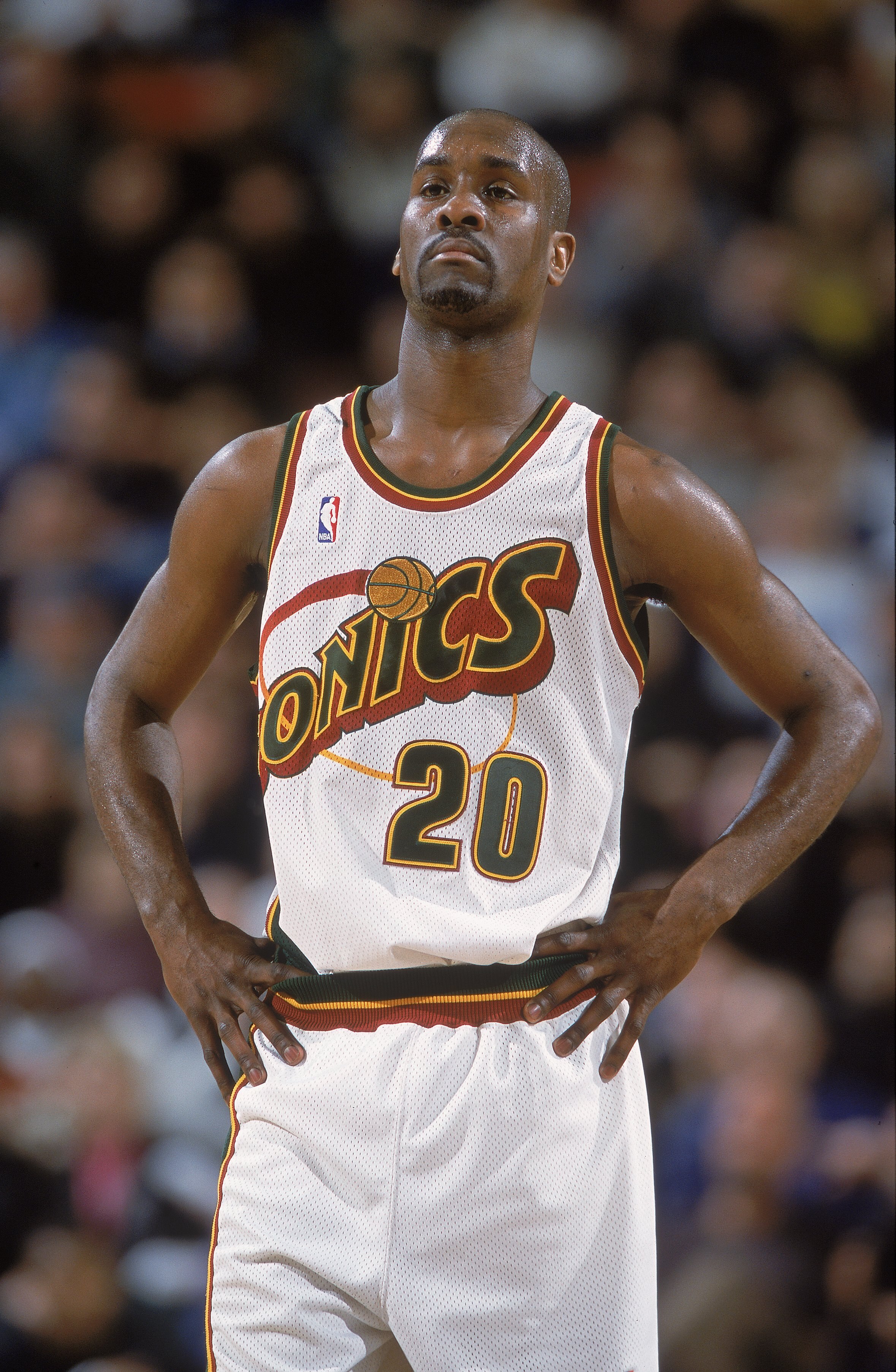 23 Feb 2001:  Gary Payton #20 of the Seattle SuperSonics stands on the court during the game against the Utah Jazz at the Key Arena in Seattle, Washington.  The Jazz defeated the SuperSonics 96-84.  NOTE TO USER: It is expressly understood that the only r
