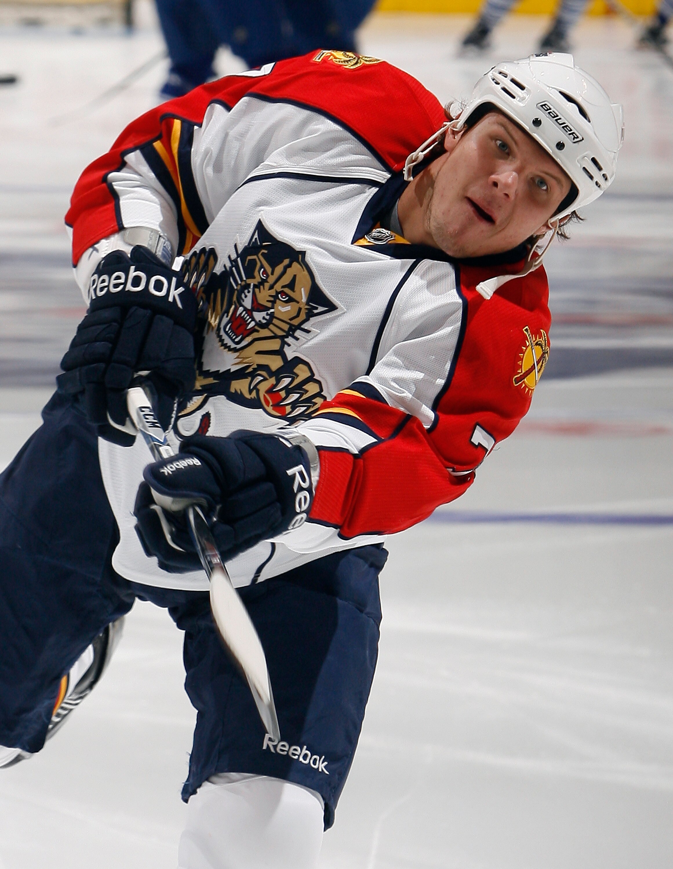 TORONTO - OCTOBER 26: Dmitry Kulikov #7 of the Florida Panthers shoots during warmup before game action at the Air Canada Centre against the Toronto Maple Leafs October 26, 2010 in Toronto, Ontario, Canada. The Leafs won 3-1. (Photo by Abelimages/Getty Im