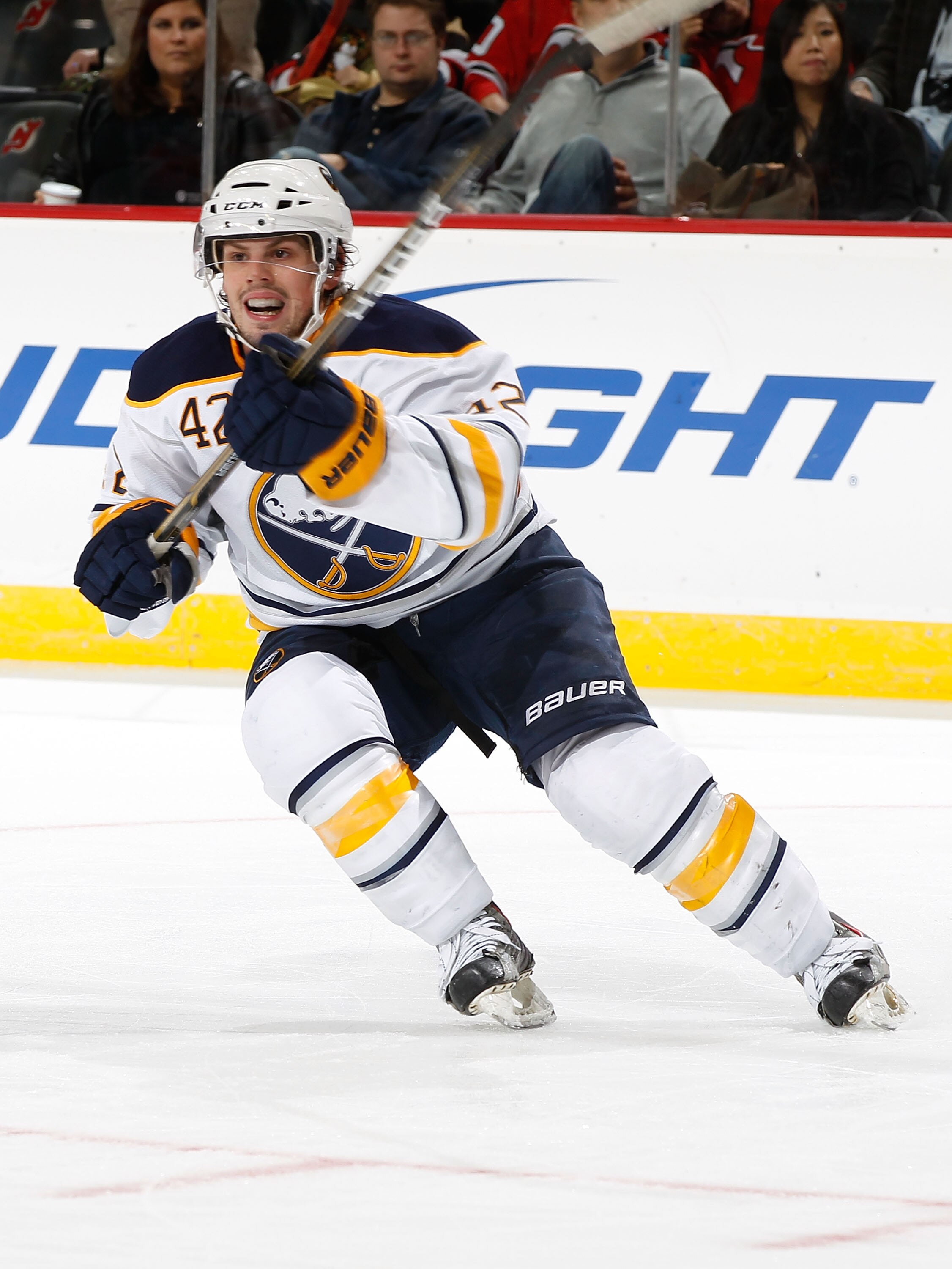 NEWARK, NJ - OCTOBER 23:  Nathan Gerbe #42 of the Buffalo Sabres skates against the New Jersey Devils on October 23, 2010 at the Prudential Center in Newark, New Jersey. Sabres defeated the Devils 6-1.  (Photo by Mike Stobe/Getty Images)