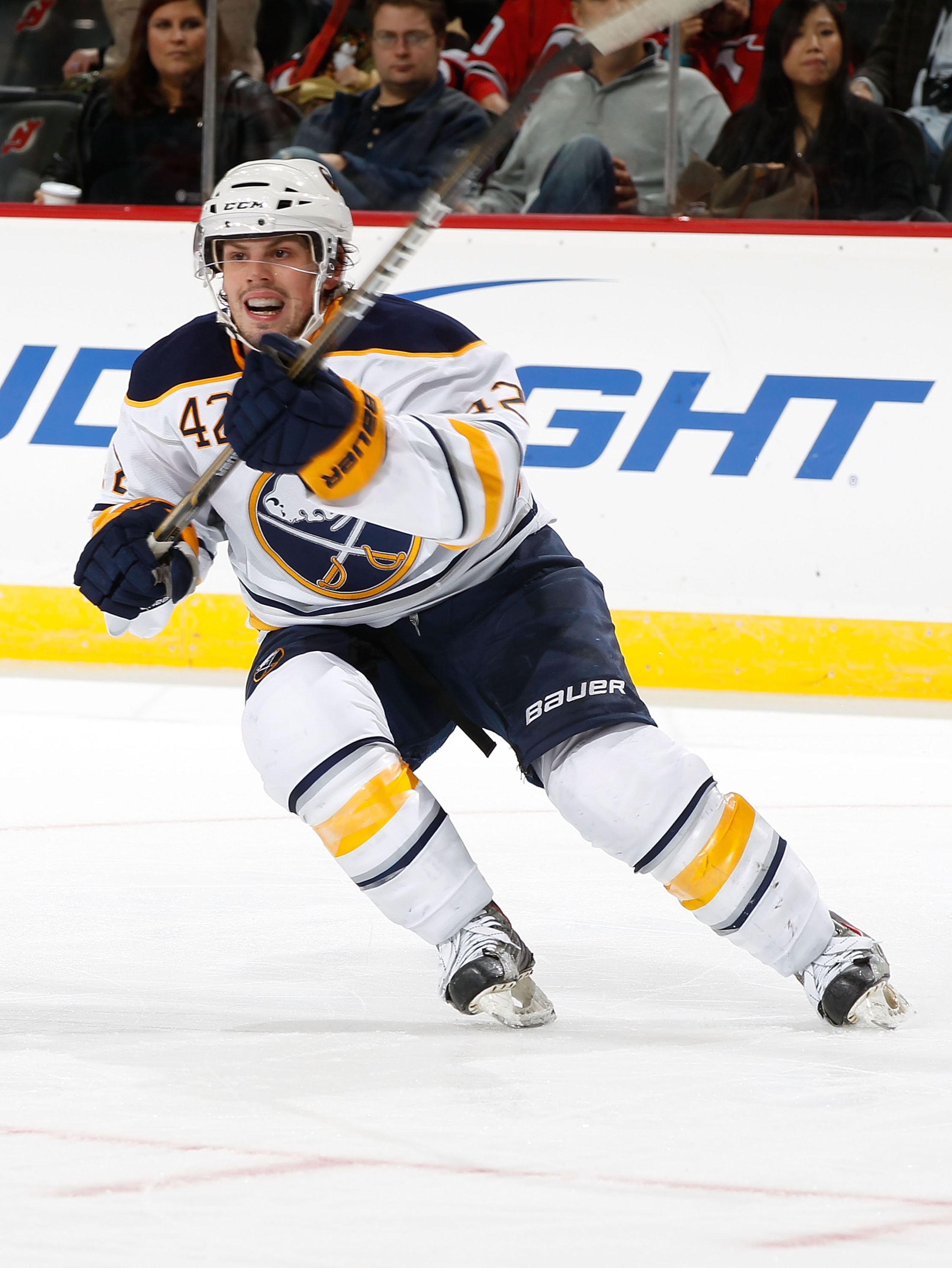 NEWARK, NJ - OCTOBER 23:  Nathan Gerbe #42 of the Buffalo Sabres skates against the New Jersey Devils on October 23, 2010 at the Prudential Center in Newark, New Jersey. Sabres defeated the Devils 6-1.  (Photo by Mike Stobe/Getty Images)