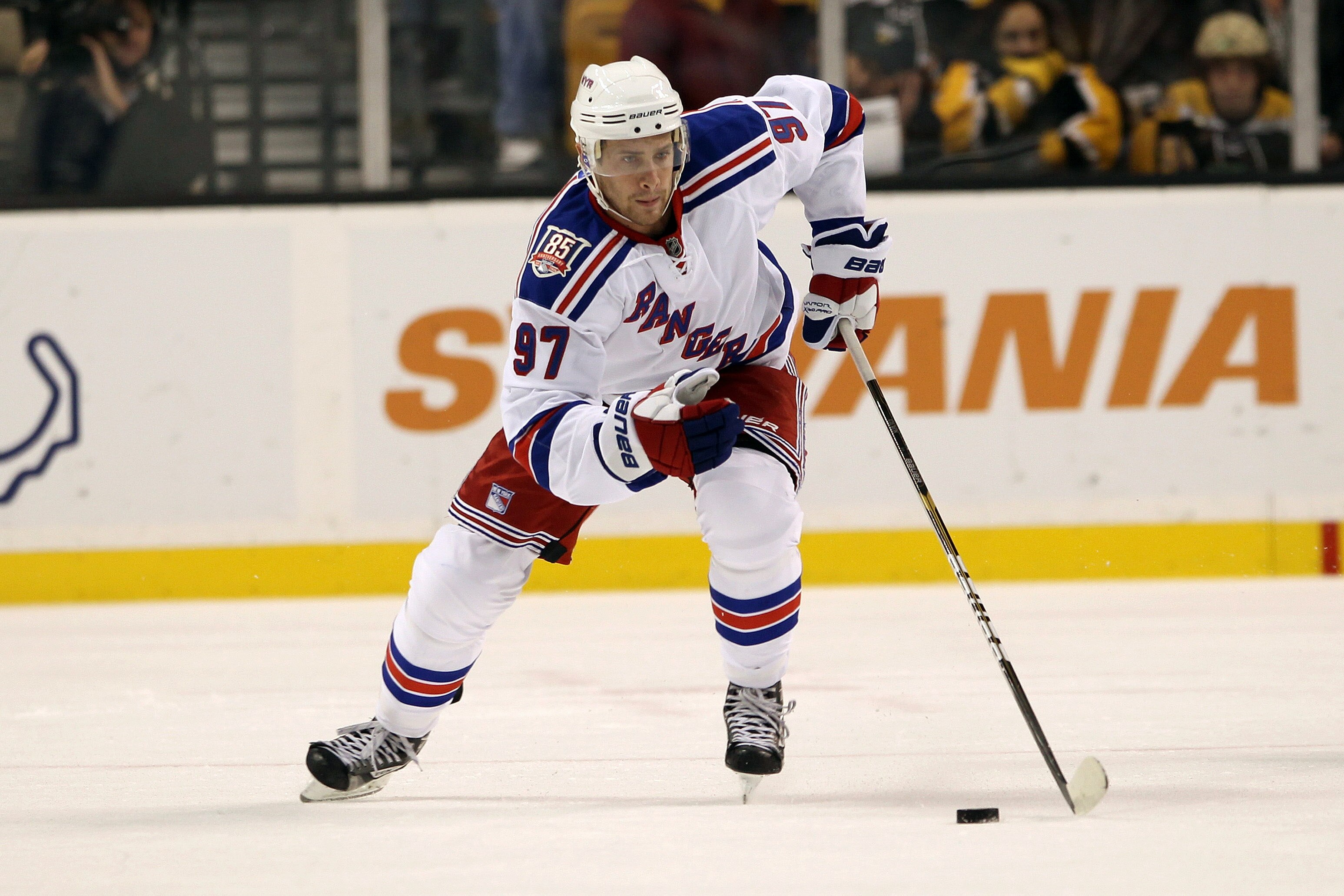 BOSTON - OCTOBER 23:  Matt Gilroy #97 of the New York Rangers skates against the Boston Bruins at the TD Garden on October 23, 2010 in Boston, Massachusetts.  The Rangers won 3-2.  (Photo by Bruce Bennett/Getty Images)