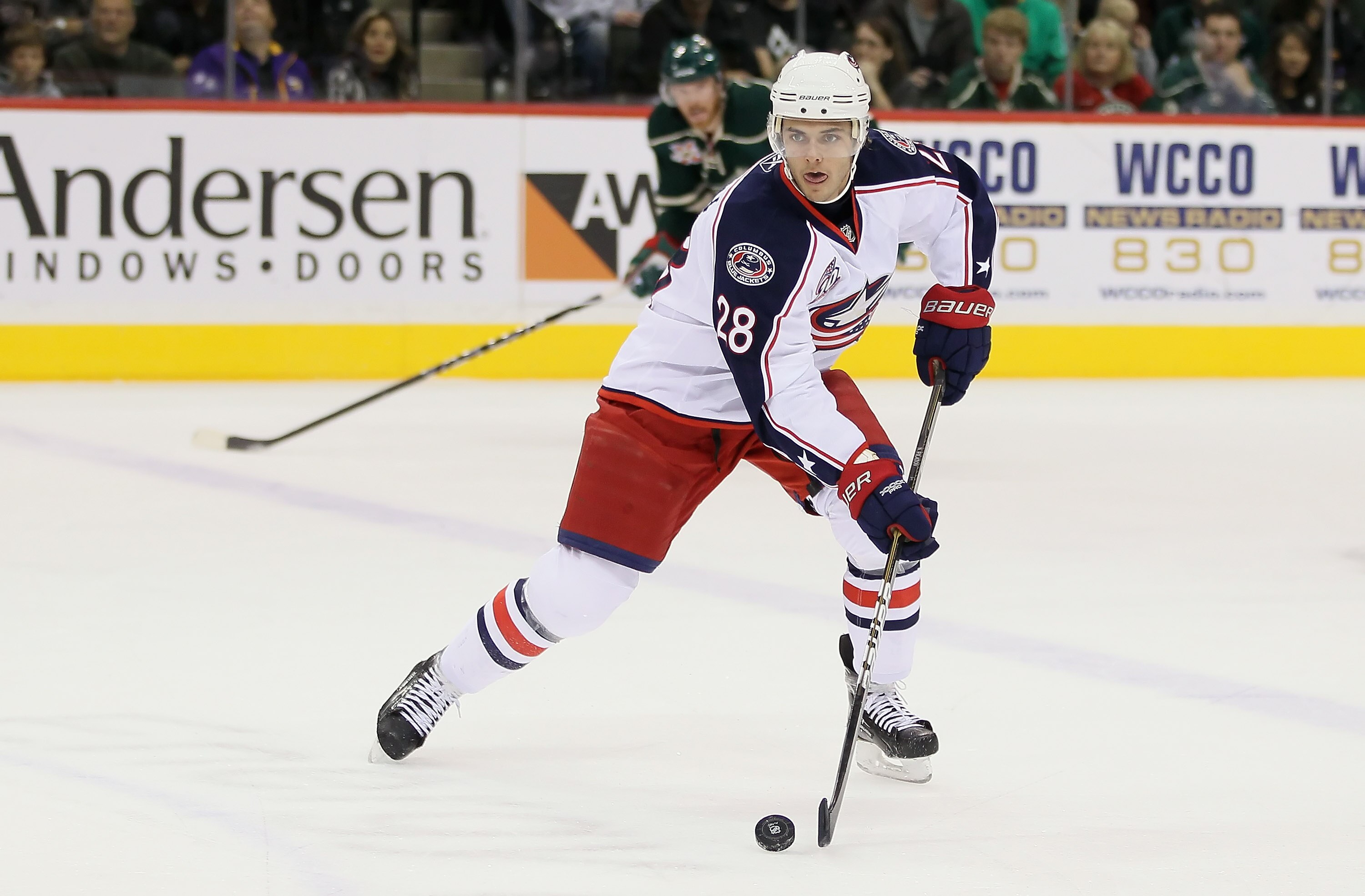 ST PAUL, MN - OCTOBER 16:  Nikita Filatov #28 of the Columbus Blue Jackets skates against the Minnesota Wild at Xcel Energy Center on October 16, 2010 in St Paul, Minnesota.  (Photo by Jeff Gross/Getty Images)