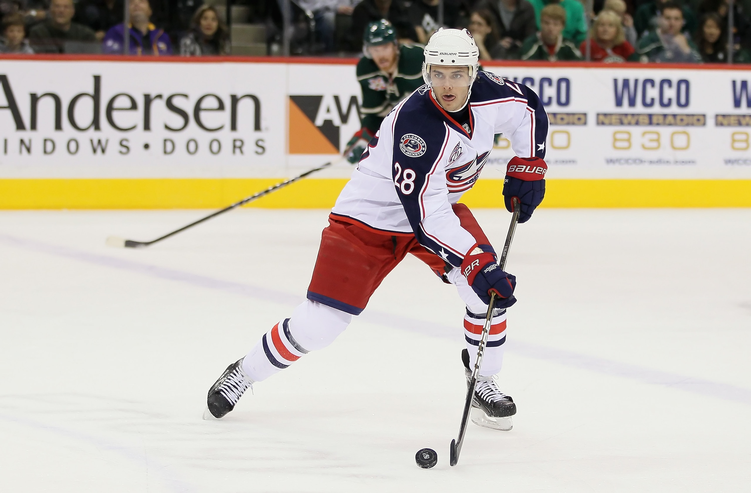 ST PAUL, MN - OCTOBER 16:  Nikita Filatov #28 of the Columbus Blue Jackets skates against the Minnesota Wild at Xcel Energy Center on October 16, 2010 in St Paul, Minnesota.  (Photo by Jeff Gross/Getty Images)