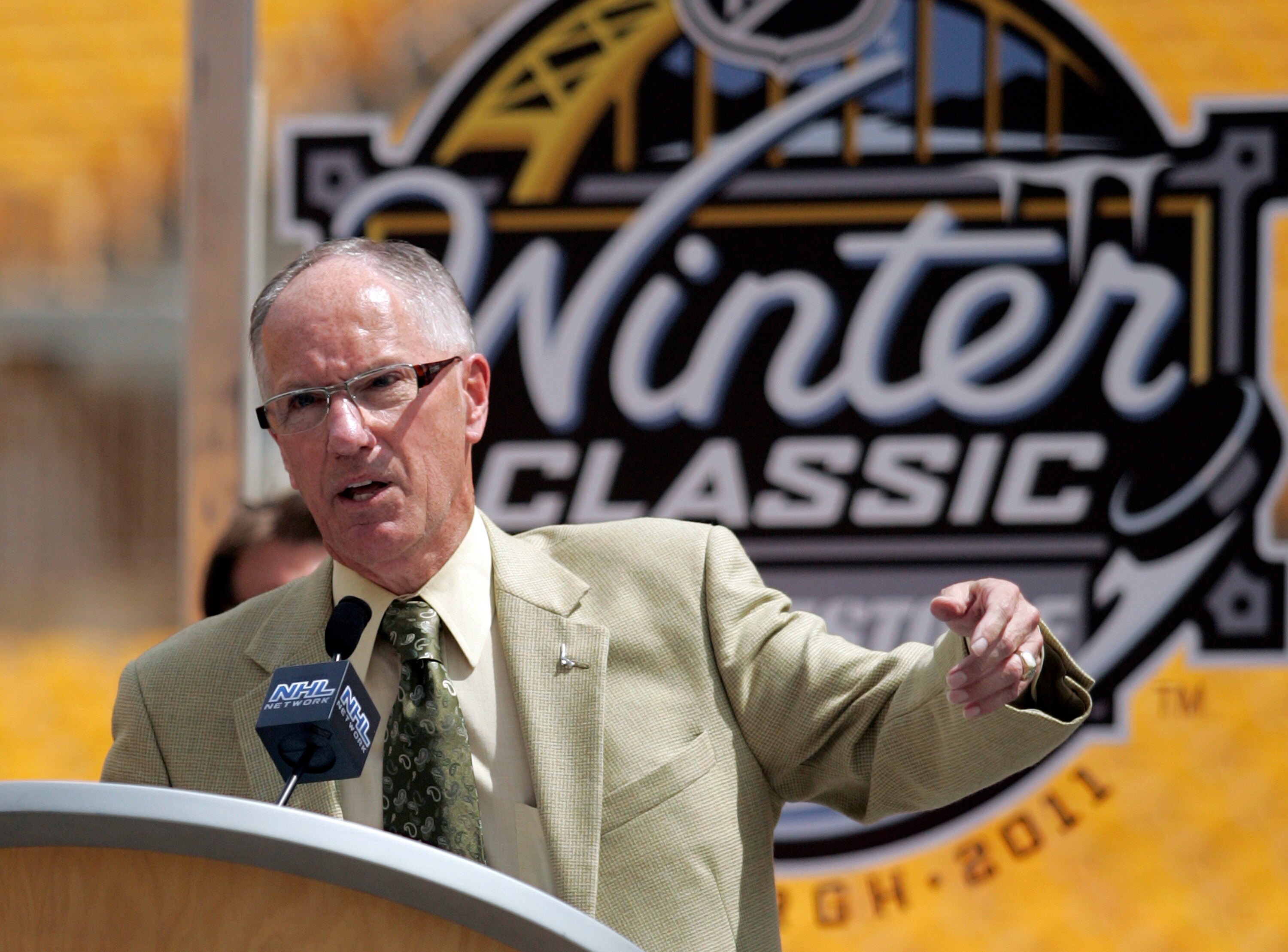 PITTSBURGH - JULY 27:  Mike Emrick addresses the media at the 2011 Bridgestone NHL Winter Classic press conference on July 27, 2010 at Heinz Field in Pittsburgh, Pennsylvania.  (Photo by Justin K. Aller/Getty Images)