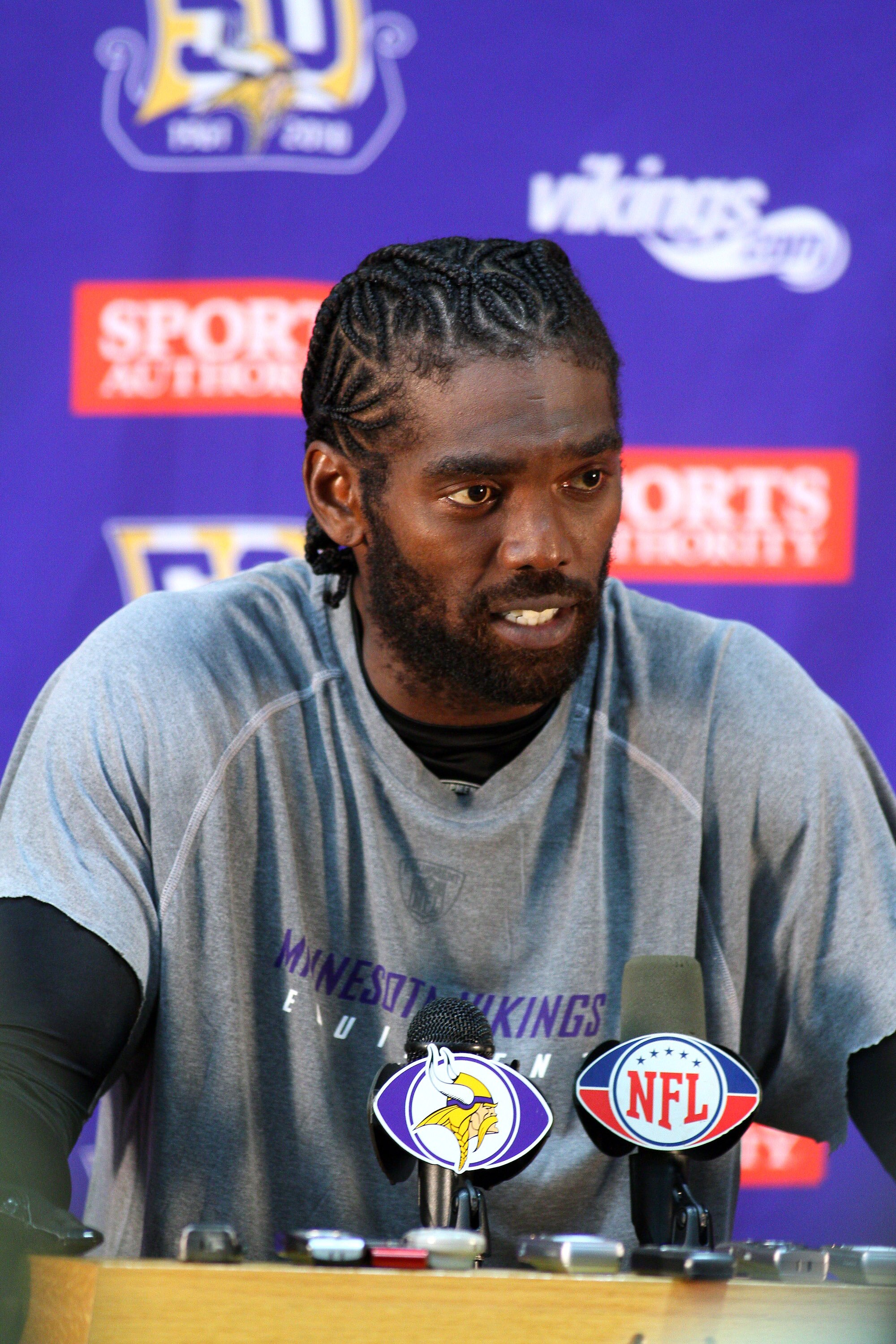 EDEN PRAIRIE, MN - OCTOBER 7:  Minnesota Vikings wide receiver Randy Moss answers questions from the media during a press conference at Winter Park on October 7, 2010 in Eden Prairie, Minnesota.  (Photo by Adam Bettcher/Getty Images)