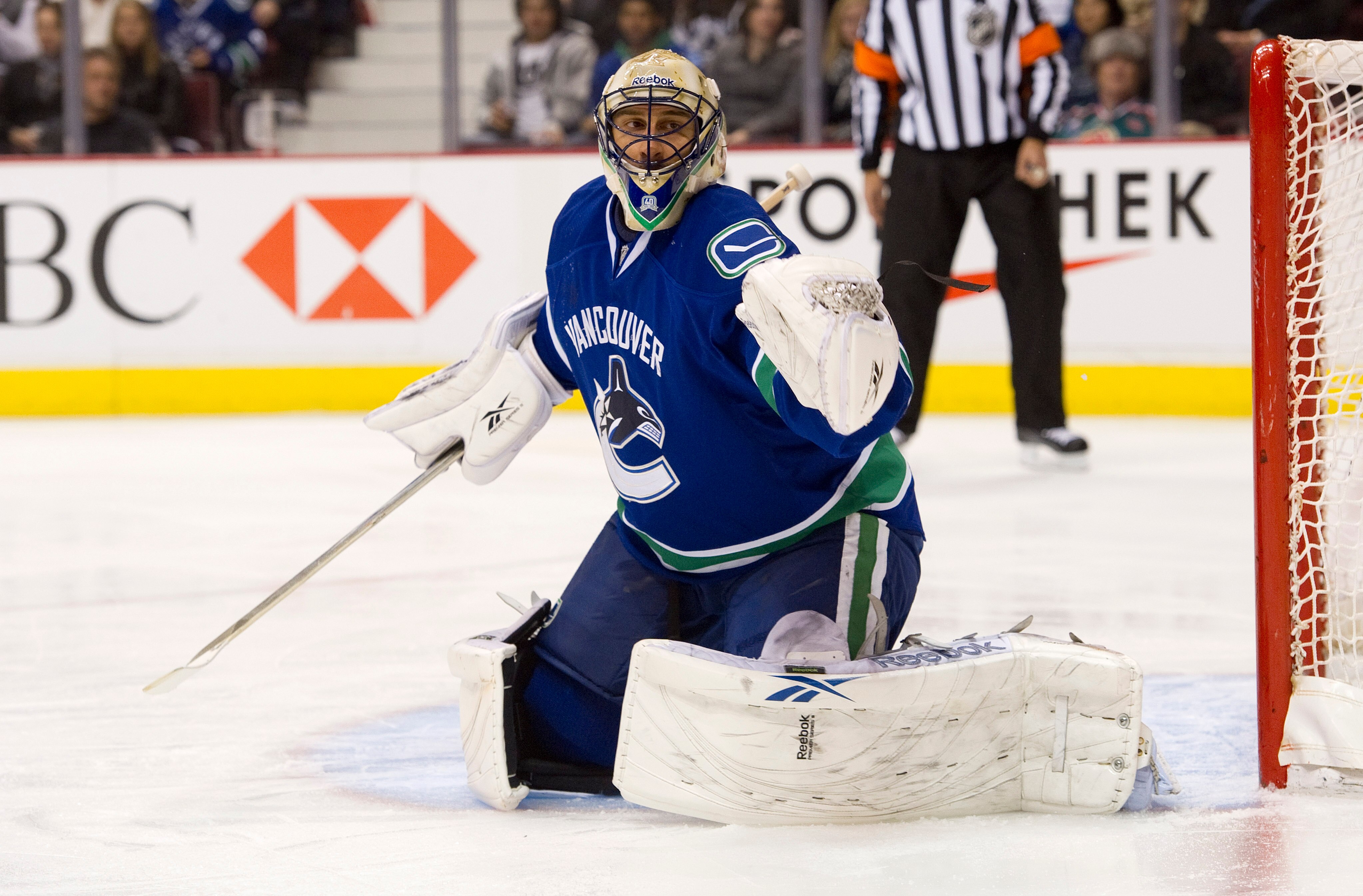 VANCOUVER, CANADA - NOVEMBER 1: Goalie Roberto Luongo #1 of the Vancouver Canucks watches the puck go wide of the net during NHL action against the New Jersey Devils on November 01, 2010 at Rogers Arena in Vancouver, British Columbia, Canada.  (Photo by R