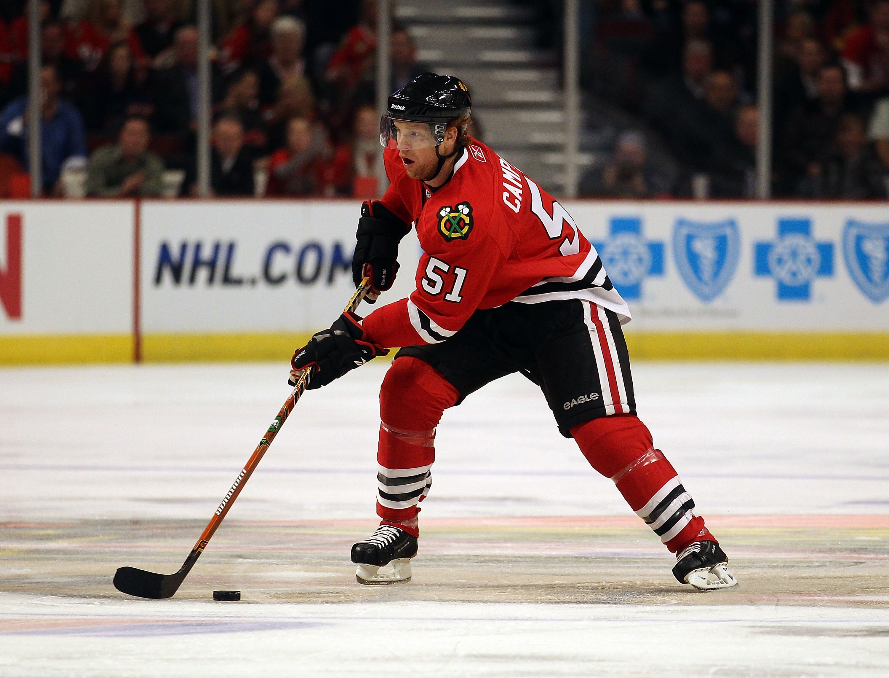 CHICAGO - NOVEMBER 03: Brian Campbell #51 of the Chicago Blackhawks controls the puck against the New Jersey Devils at the United Center on November 3, 2010 in Chicago, Illinois. The Devils defeated the Blackhawks 5-3. (Photo by Jonathan Daniel/Getty Imag