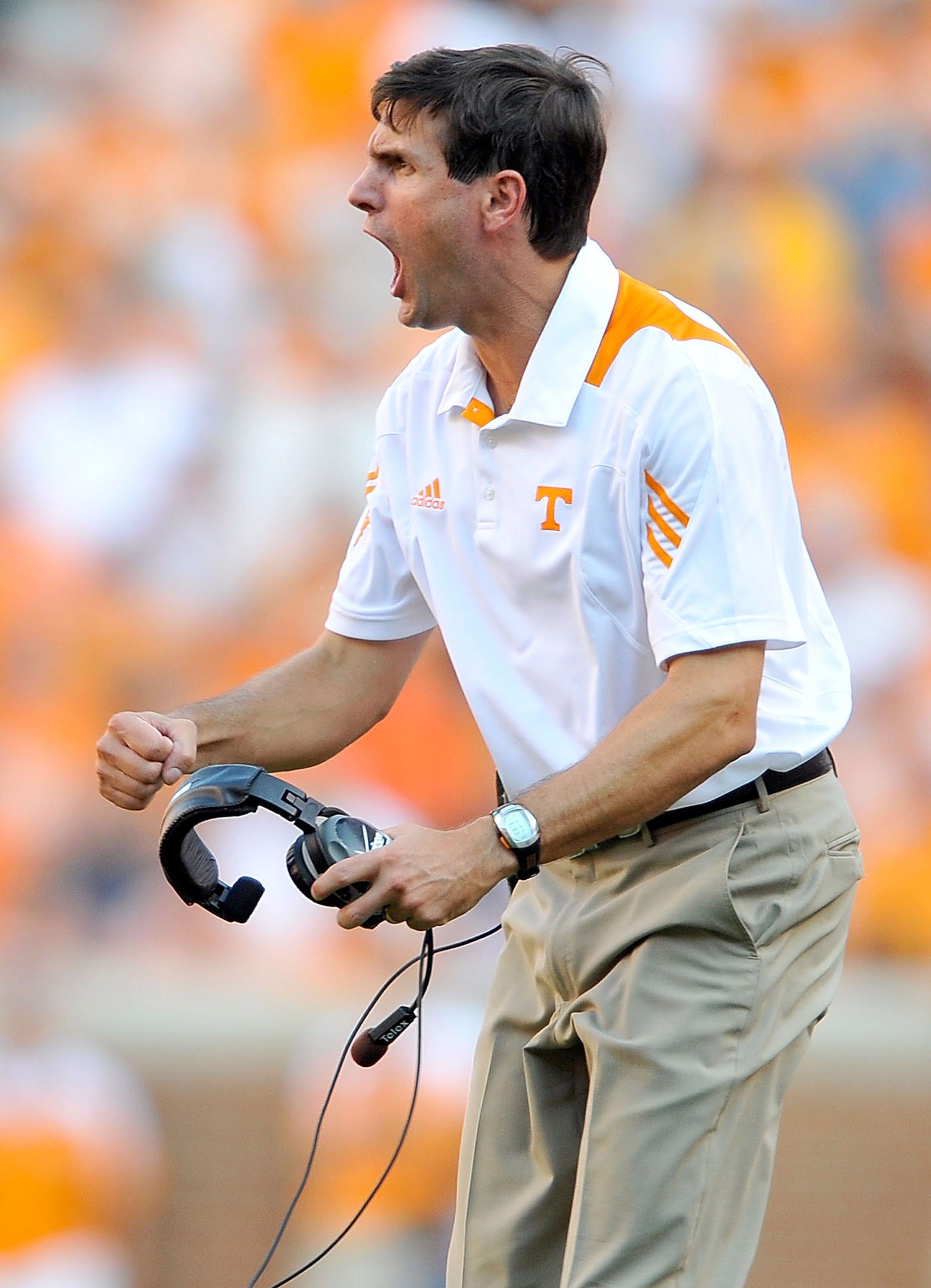 KNOXVILLE, TN - SEPTEMBER 18: Coach Derek Dooley of the Tennessee Volunteers watches his team in action against the Florida Gators at Neyland Stadium on September 18, 2010 in Knoxville, Tennessee. Florida won 31-17. (Photo by Grant Halverson/Getty Imag KNOXVILLE, TN - SEPTEMBER 18: Coach Derek Dooley of the Tennessee Volunteers watches his team in action against the Florida Gators at Neyland Stadium on September 18, 2010 in Knoxville, Tennessee. Florida won 31-17. (Photo by Grant Halverson/Getty Imag
