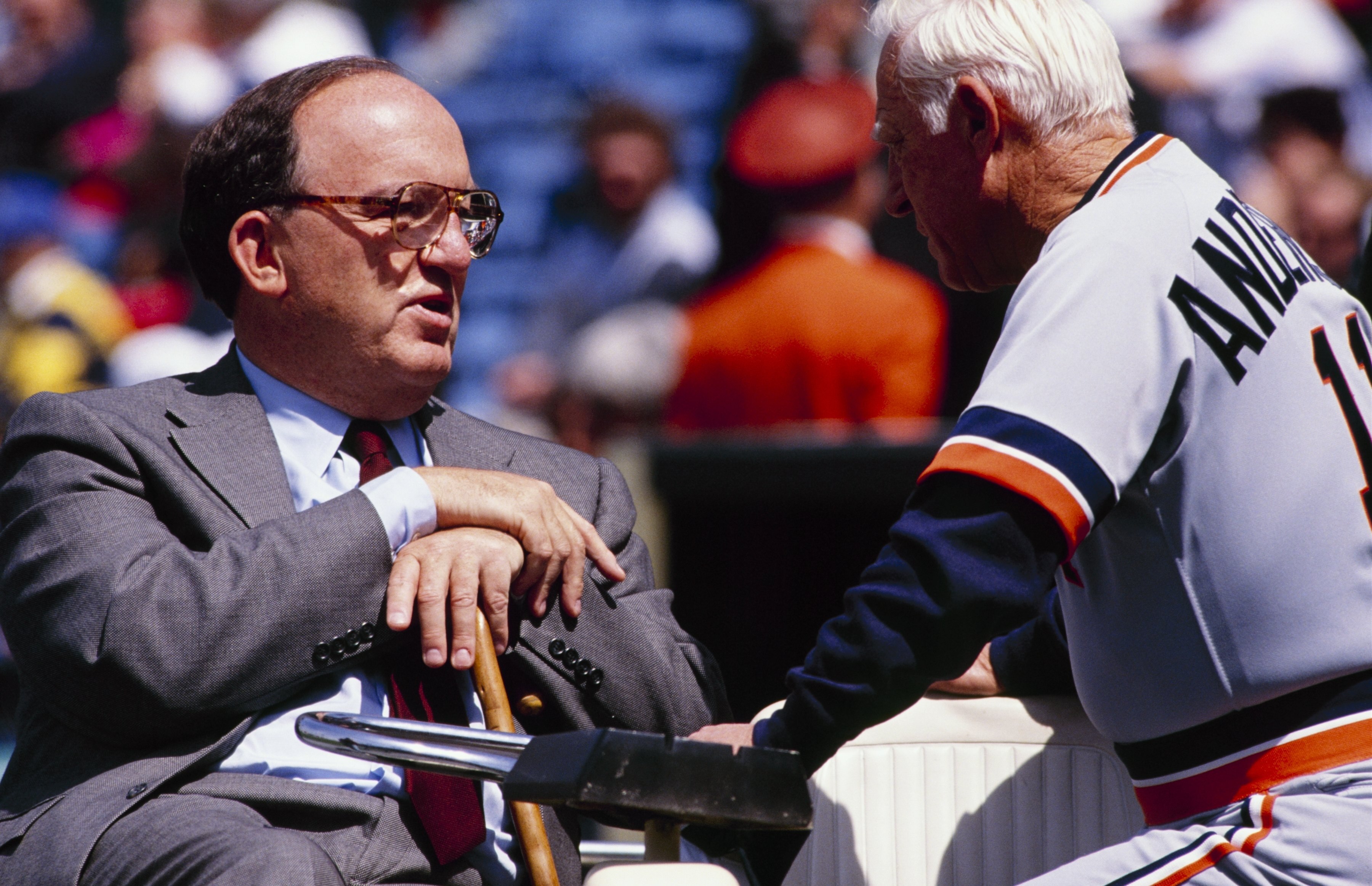 BALTIMORE - APRIL 19:  MLB Commissioner Fay Vincent speaks with Detroit Tigers manager Sparky Anderson before their game against the Baltimore Orioles at Memorial Stadium on April 19, 1990 in Baltimore, Maryland. (Photo by Janice E. Rettaliata/Getty Image