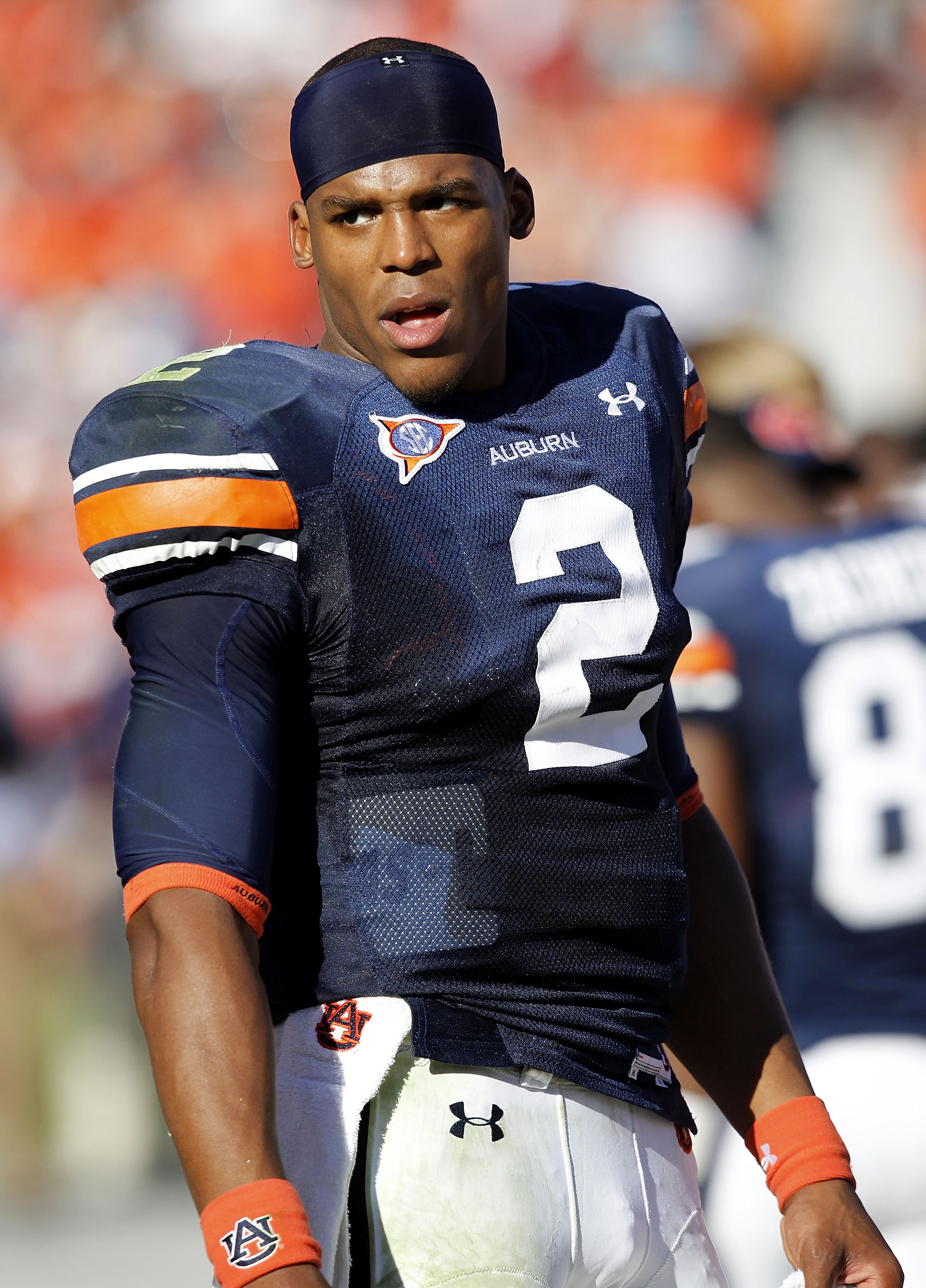 AUBURN, AL - OCTOBER 16:  Quarterback Cam Newton #2 of the Auburn Tigers walks on the sideline during the game against the Arkansas Razorbacks at Jordan-Hare Stadium on October 16, 2010 in Auburn, Alabama.  (Photo by Mike Zarrilli/Getty Images)