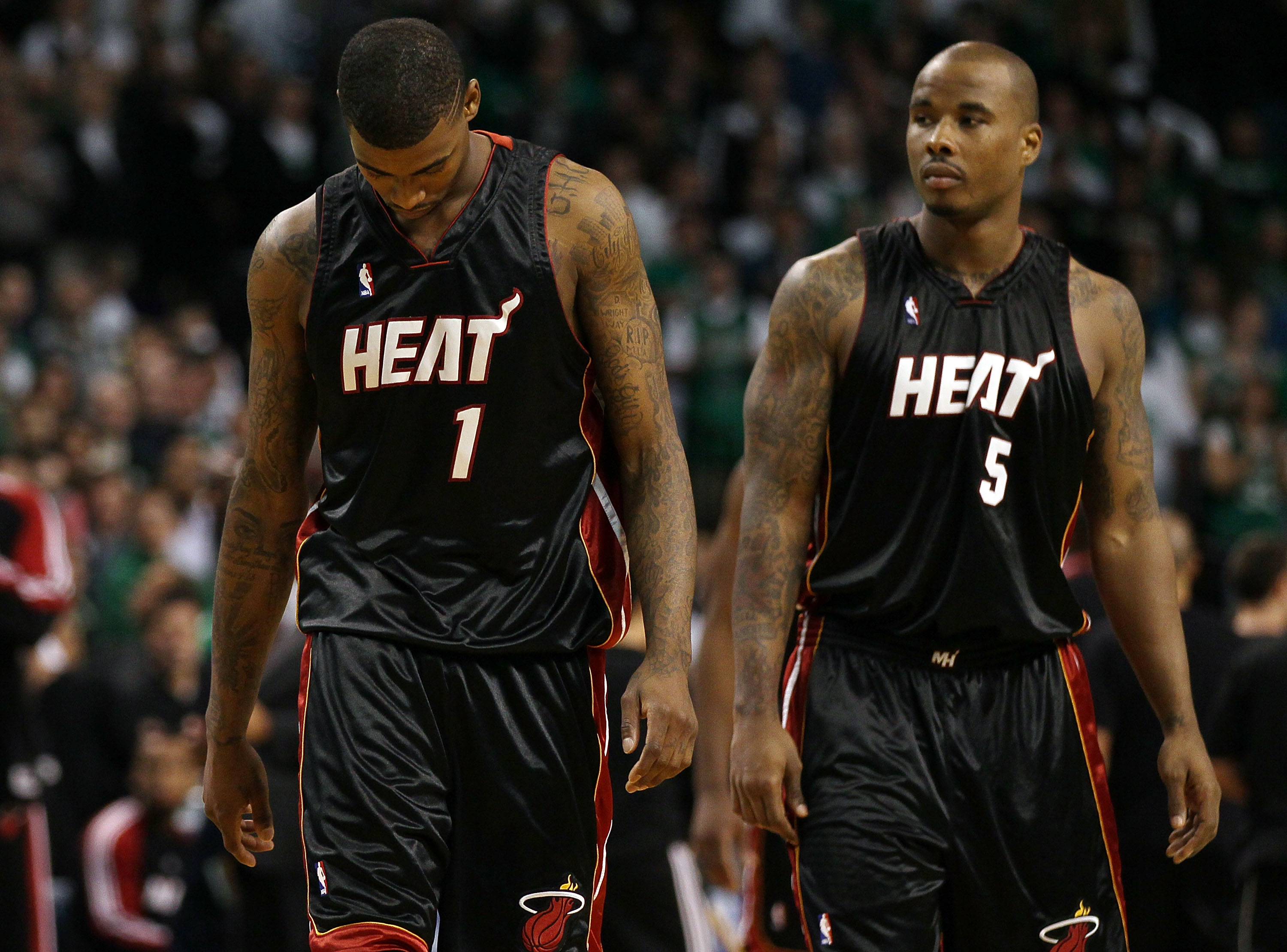 BOSTON - APRIL 17:  Dorell Wright #1 and Quentin Richardson #5 of the Miami Heat react as the game ends against the Boston Celtics during Game One of the Eastern Conference Quarterfinals of the 2010 NBA playoffs at the TD Garden on April 17, 2010 in Bosto