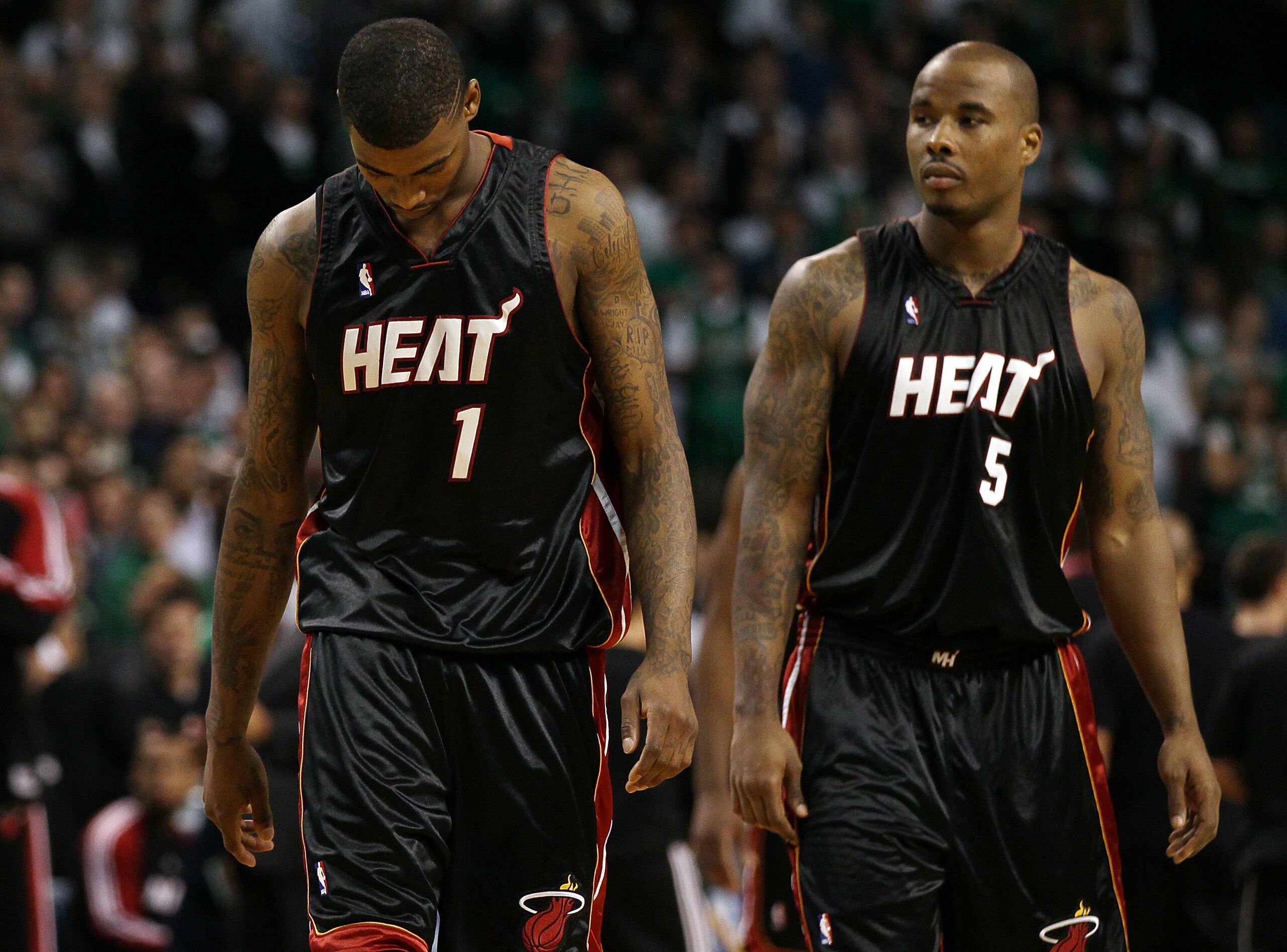 BOSTON - APRIL 17:  Dorell Wright #1 and Quentin Richardson #5 of the Miami Heat react as the game ends against the Boston Celtics during Game One of the Eastern Conference Quarterfinals of the 2010 NBA playoffs at the TD Garden on April 17, 2010 in Bosto