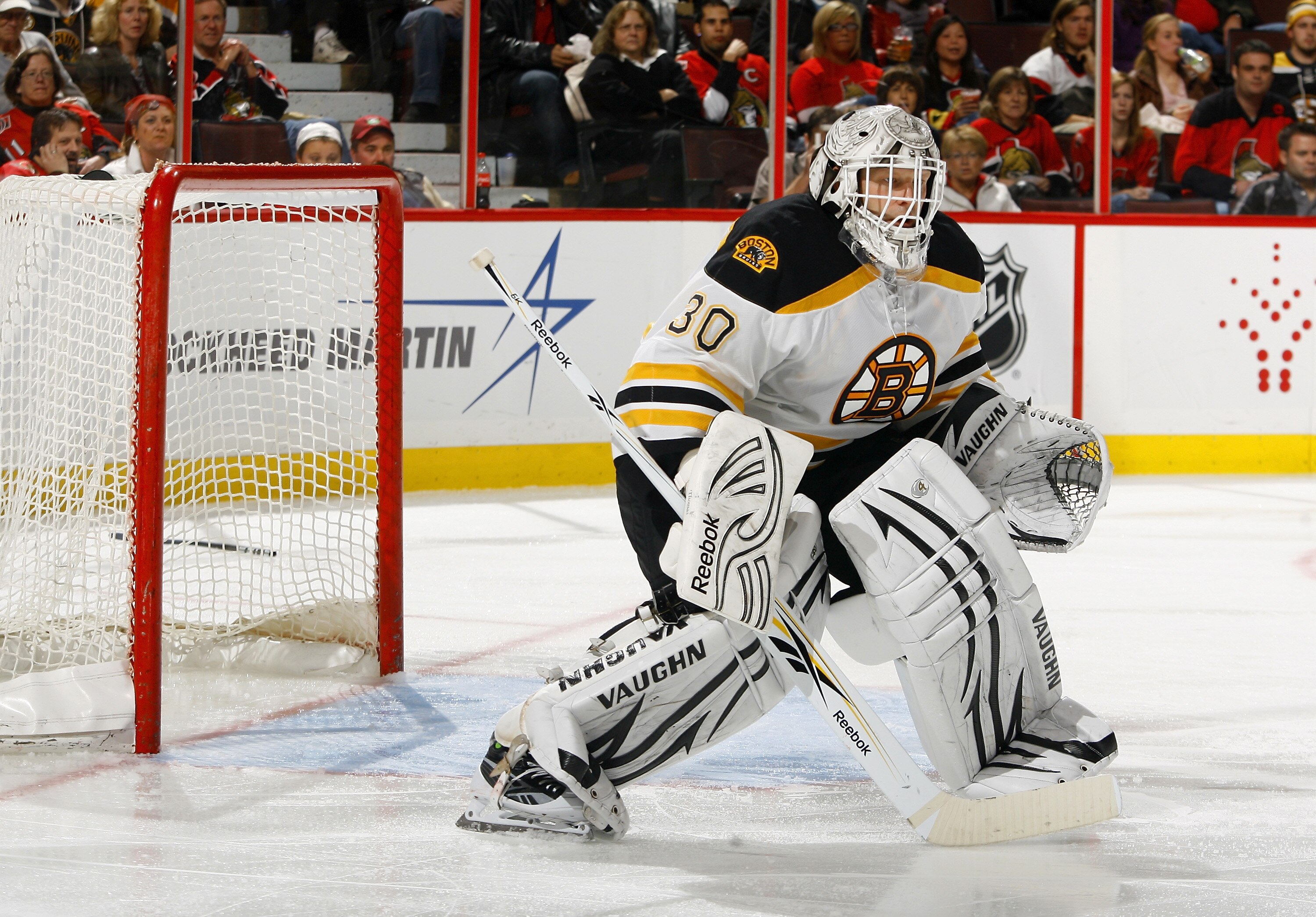 OTTAWA, ON - OCTOBER 30:  Tim Thomas #30 of the Boston Bruins defends his net in a victory over the Ottawa Senators, registering his third shutout of the season,  at Scotiabank Place on October 30, 2010 in Ottawa, Ontario, Canada.  The Boston Bruins defea
