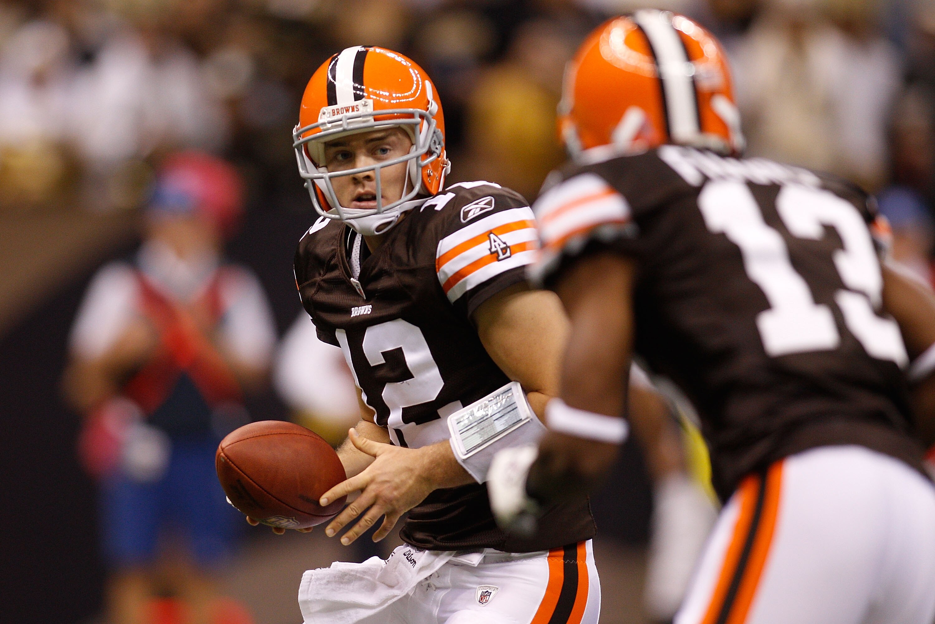 NEW ORLEANS - OCTOBER 24:  Colt McCoy #12 of the Cleveland Browns in action against the New Orleans Saints at the Louisiana Superdome on October 24, 2010 in New Orleans, Louisiana.  (Photo by Chris Graythen/Getty Images)