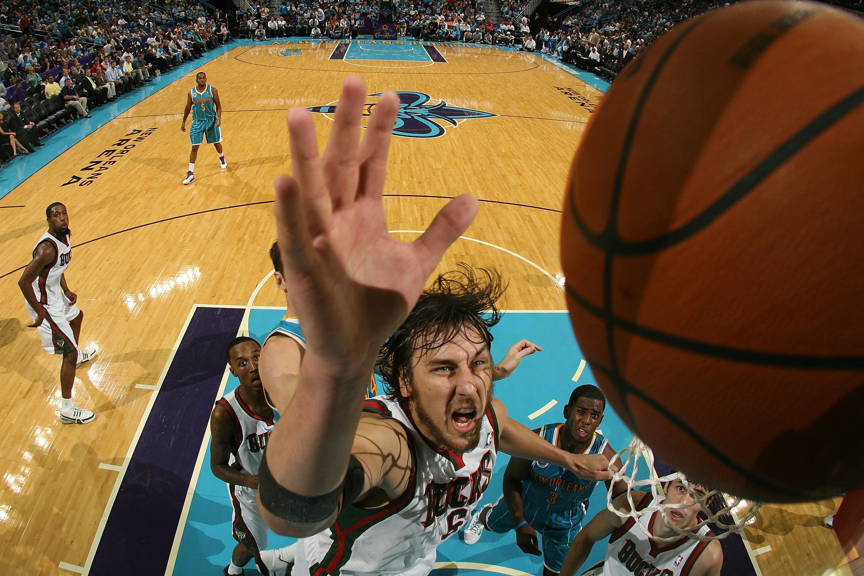 NEW ORLEANS - OCTOBER 27:  Andrew Bogut #6 of the Milwaukee Bucks grabs a rebound during the game against the New Orleans Hornets at the New Orleans Arena on October 27, 2010 in New Orleans, Louisiana.   The Hornets defeated the Bucks 95-91.   NOTE TO USE